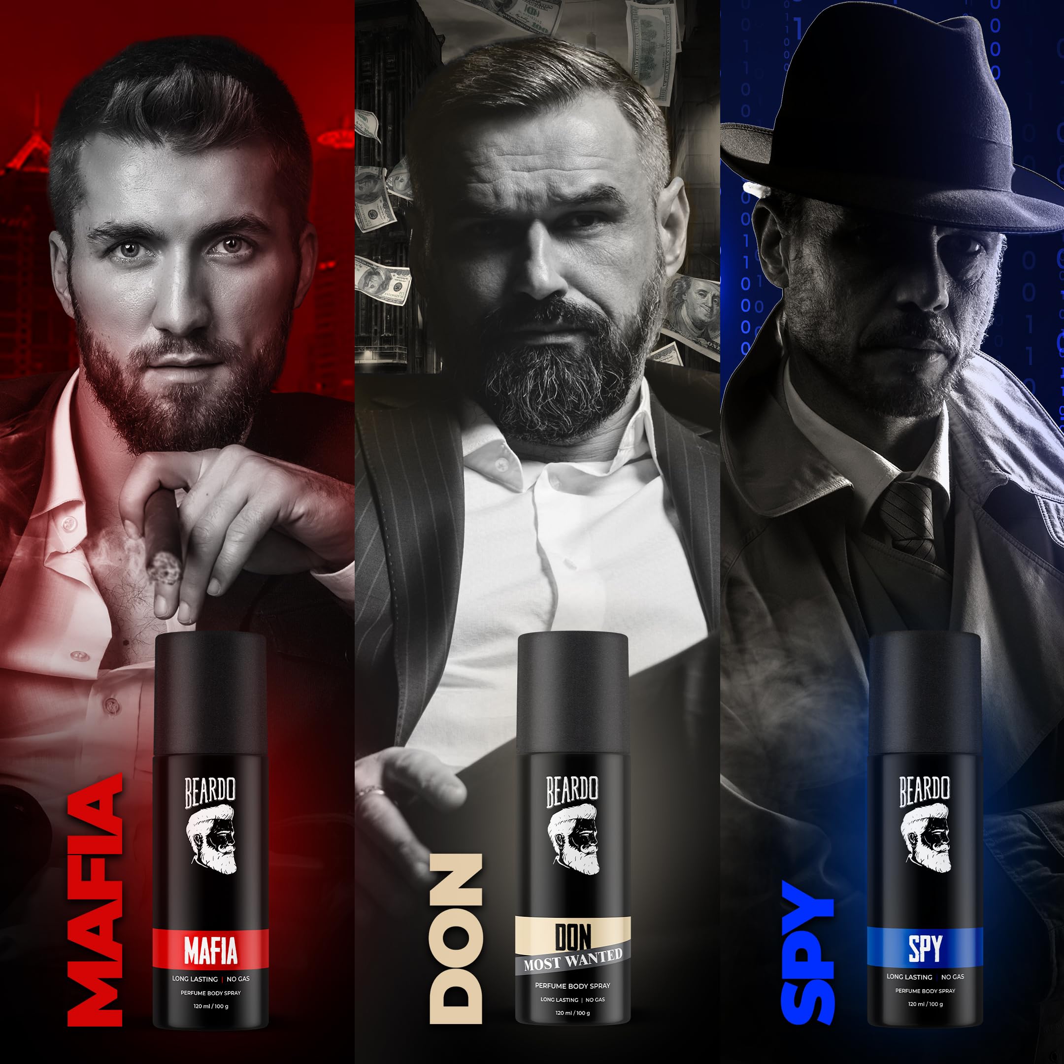 Beardo Deodorant Perfume Body Spray Set for Men (120ml x 3) - Spy Deo Aromatic Fresh, Mafia Oriental Woody & Don Citrus Musk Scents | Long-Lasting Fragrance Gift Set for Men | Perfect for Daily Use, Gym, Office & Special Occasions