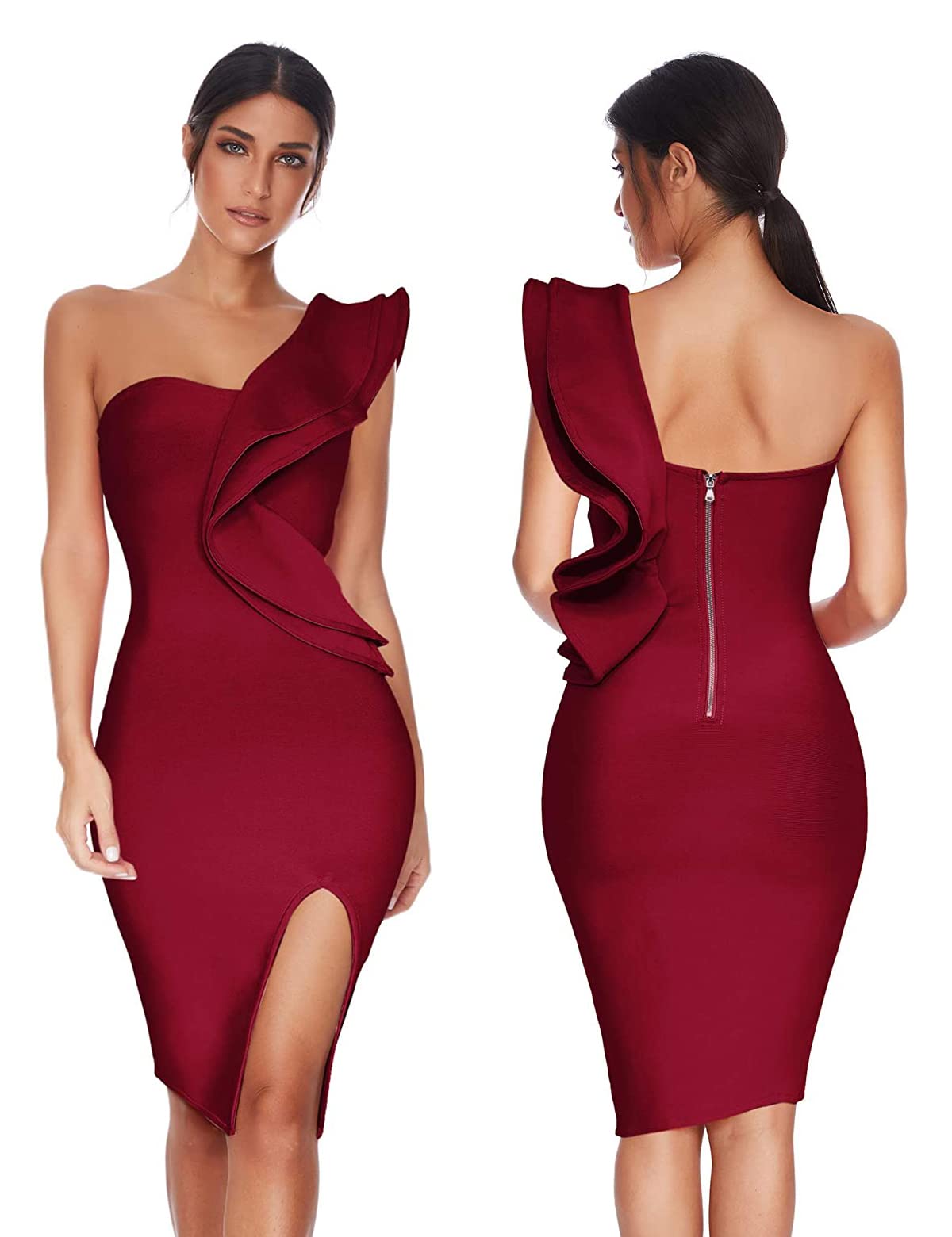Elegant One Shoulder Ruffle Bodycon Dress with Side Split - Perfect for Wedding Guest, Cocktail Party & Special Occasions