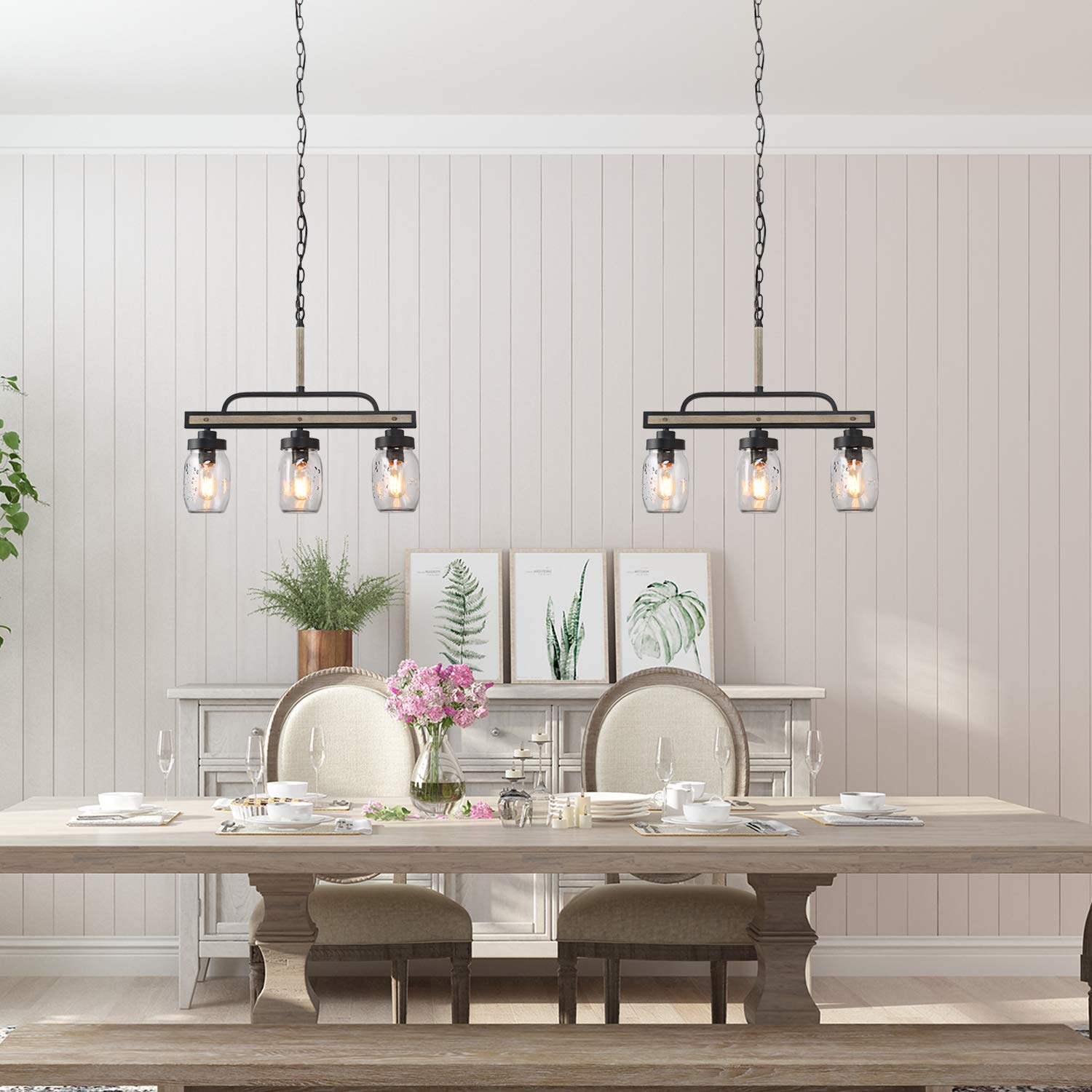 Rustic Mason Jar Chandelier - Farmhouse Lighting with Metal Finish & Glass Pendant for Dining Room, Kitchen Island - Perfect for Country Style Home Decor & Cozy Dining Ambiance