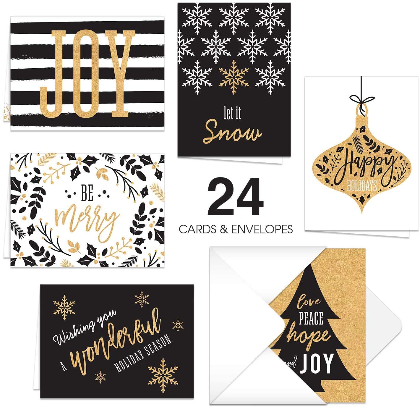 24 Pack Faux Gold and Black Christmas Greeting Cards - 6 Festive Holiday Designs (4.625