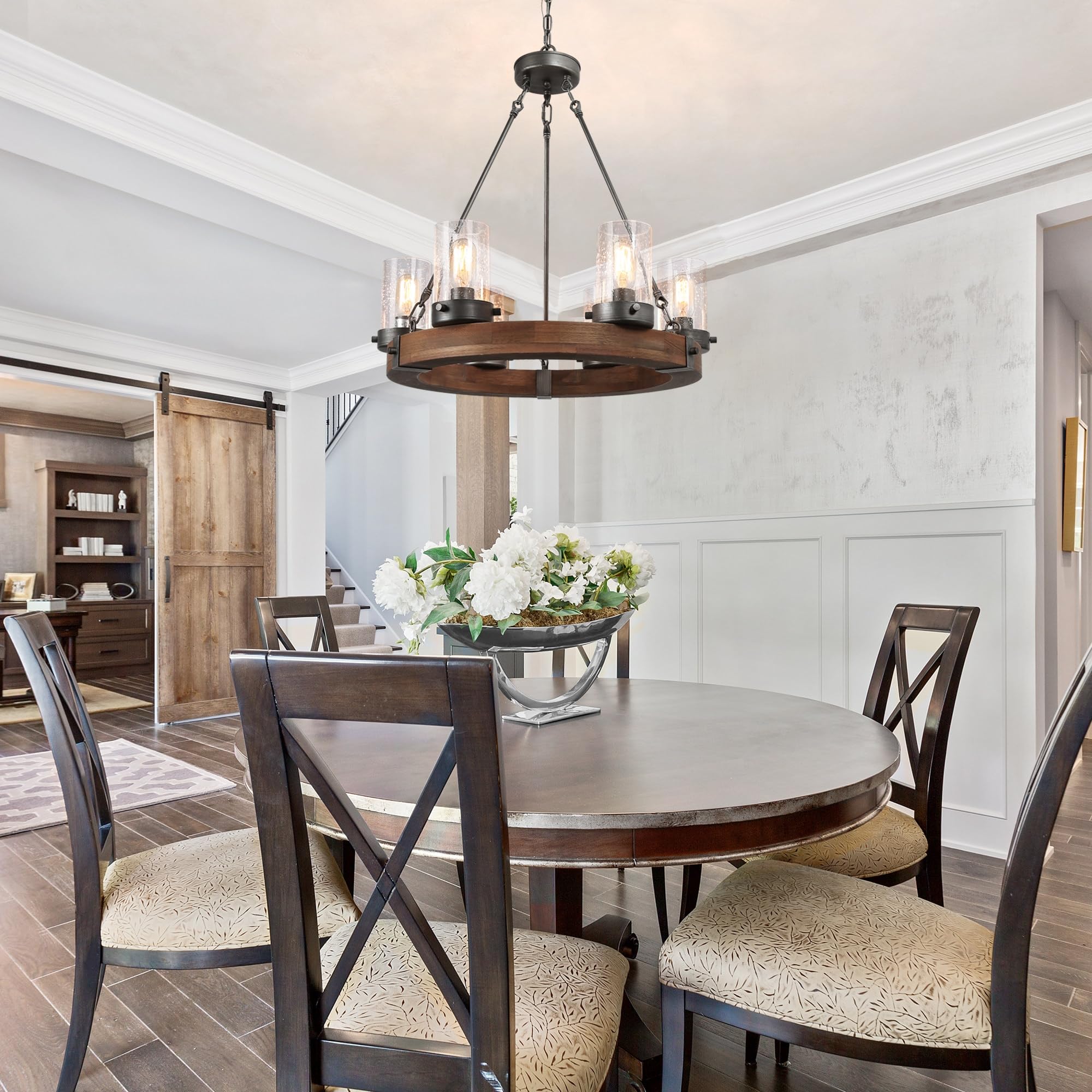 LALUZ Rustic Farmhouse Chandelier - 6-Light Wood Wagon Wheel Ceiling Light with Seeded Glass Shades for Dining Room, Living Room, Bedroom & Entryway | Perfect for Country Style Home Decor & Cabin Lighting