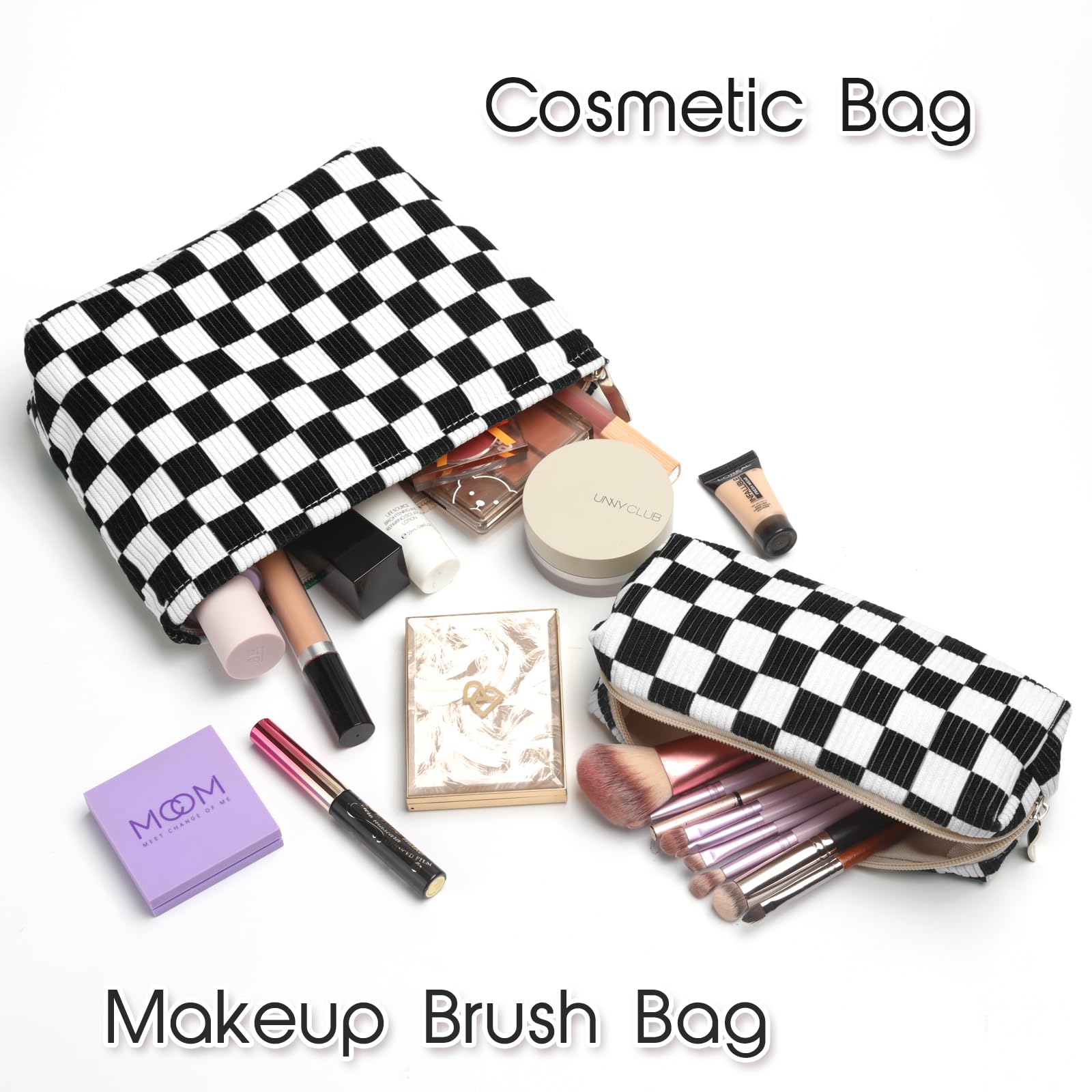 3-Piece Checkered Cosmetic Bag Set - Small Zippered Makeup Pouch & Brush Organizer - Black & White Corduroy Travel Makeup Bag for Women - Perfect for Travel, Gym & Daily Essentials Storage