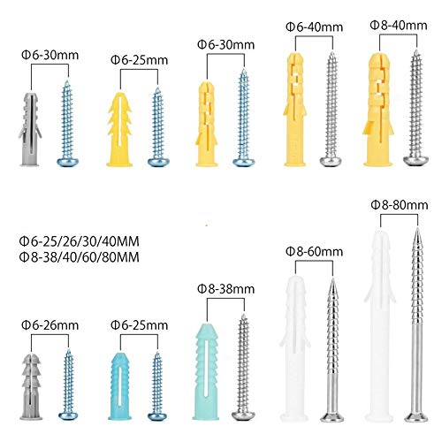 200pcs Wall Anchors & Tapping Screws Assortment Kit - Plastic/Rubber Rawl Plugs for DIY Home Improvement, Furniture Assembly, and Picture Hanging (LWW1063 SCRW-197299)