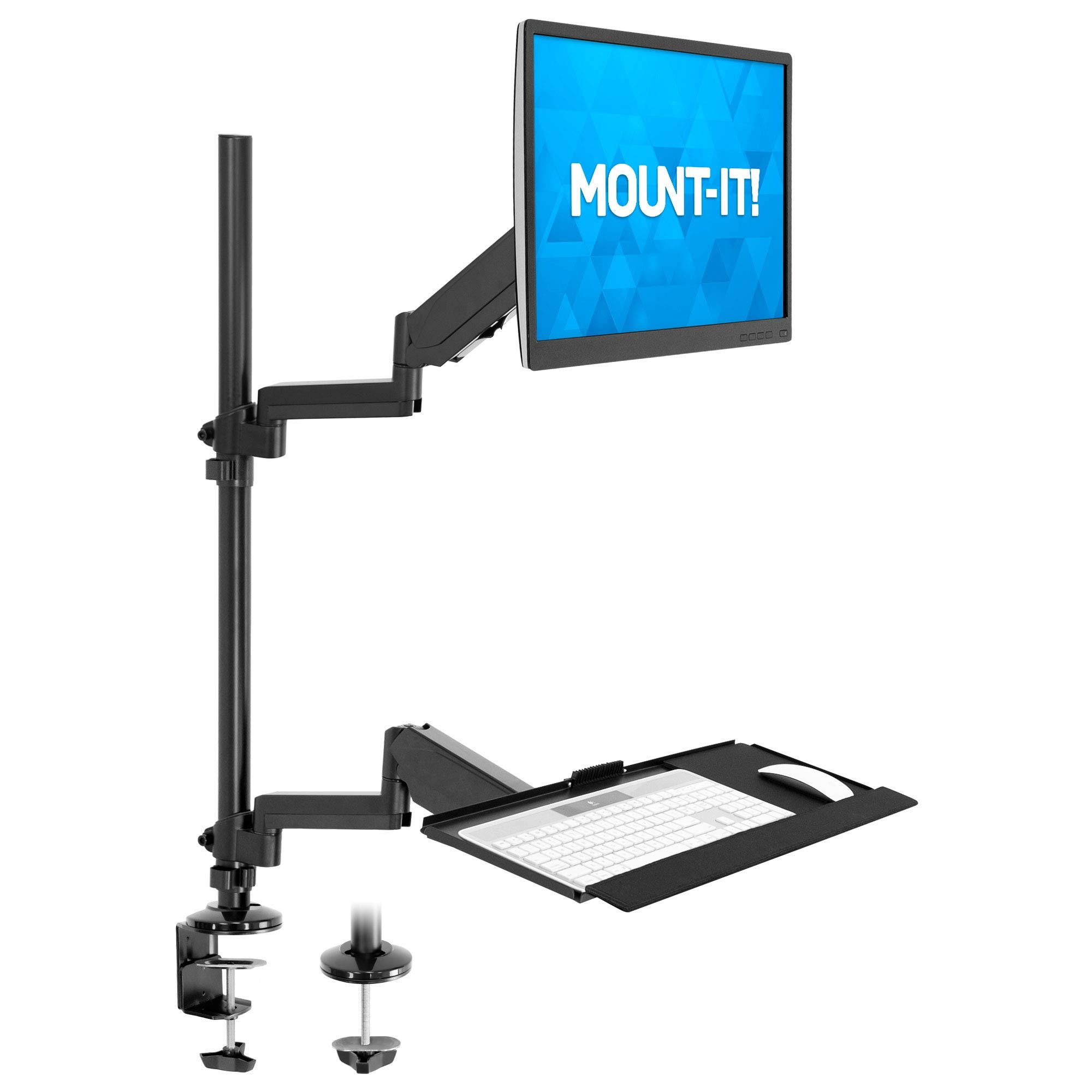 MOUNT-IT! Adjustable Standing Desk Monitor Mount for 32 Inch Screens - Full Motion Articulating Arm with Keyboard Tray & Cable Management - Ergonomic Black Workstation Solution for Home Office, Gaming & Productivity Setup