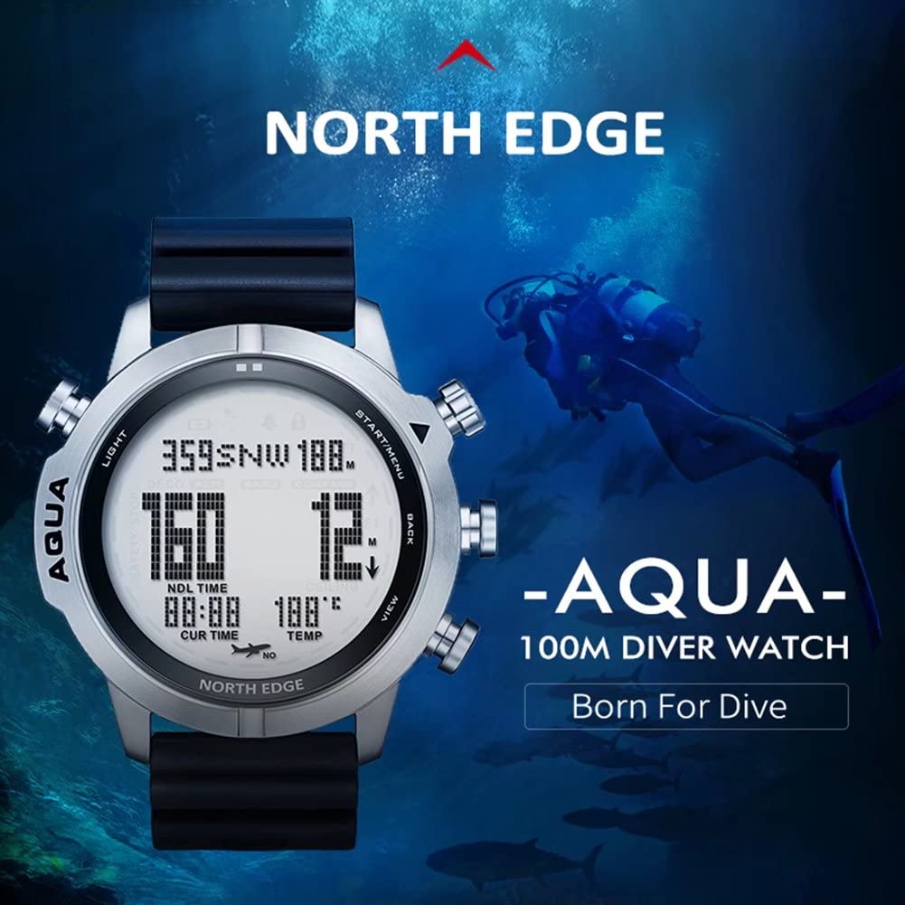 NORTH EDGE Aqua Digital Dive Watch for Men - Waterproof Scuba Diving Watch with Compass, Altimeter, Barometer & Pedometer - Professional Dive Computer for Swimming, Snorkeling & Outdoor Adventures