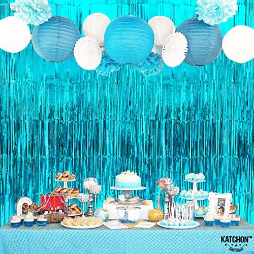 KatchOn Extra Large Blue Foil Fringe Curtains - 3.2x8 Feet (Pack of 2) | Water Streamer Backdrop for Beach Party, Under The Sea Theme, Summer Decorations | Perfect for Birthday Parties, Baby Showers, and Wedding Decor