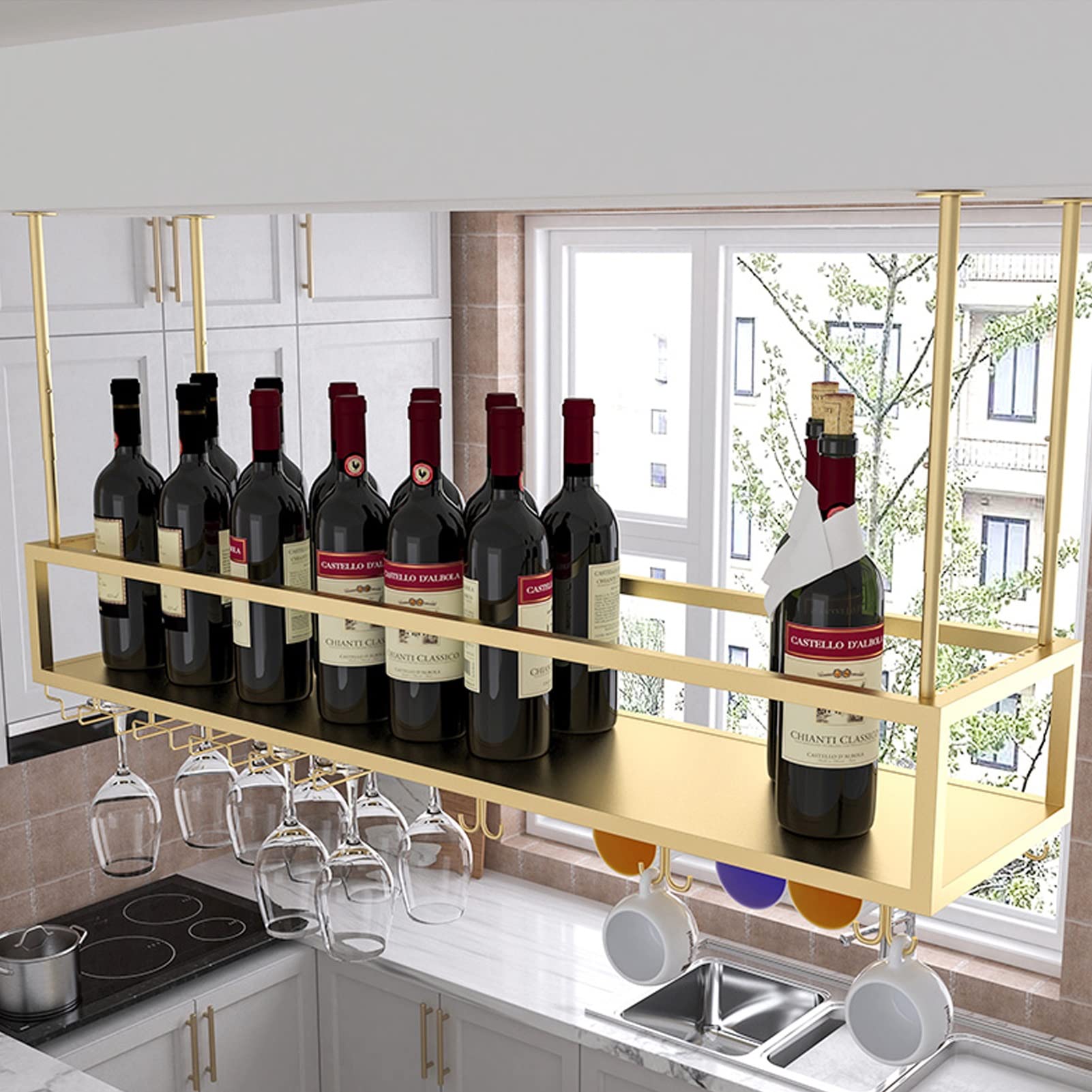 Premium Ceiling Wine Rack - Decorative Hanging Storage Shelf for Wine Bottles, Champagne & Glass Goblets - Sturdy Stemware Organizer for Home Bar (100x25x21cm) - Perfect for Kitchen, Dining Room & Wine Cellar Organization