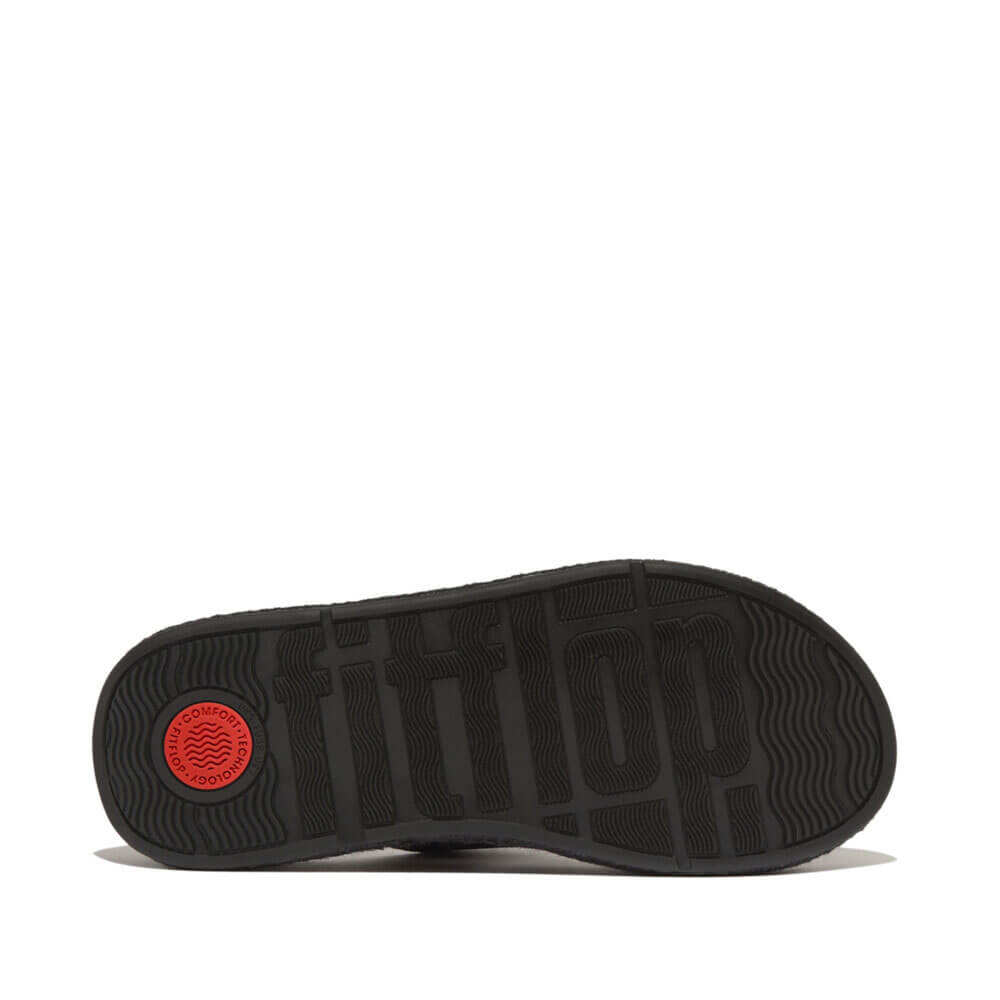 FitFlop F Mode Espadrille Adjustable Leather Flatform Toe Thong Sandals for Women - Black | Comfortable Summer Beach & Casual Walking Sandals