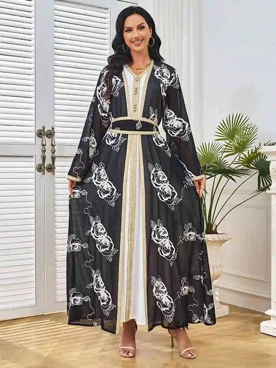 Elegant Eid 2-Piece Embroidered Caftan Dress Set with Sleeveless Inner Dress #25211 - Perfect for Muslim Women's Holiday Celebrations, Special Occasions & Wedding Guest Outfits