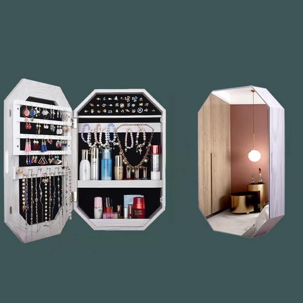 Wall Mounted Jewelry Armoire with Mirror & Lock - Jewelry Cabinet Organizer with Storage Box for Women & Girls - Blue Mirror Jewelry Case (90x65cm) - Perfect for Bedroom, Closet & Dressing Room Organization