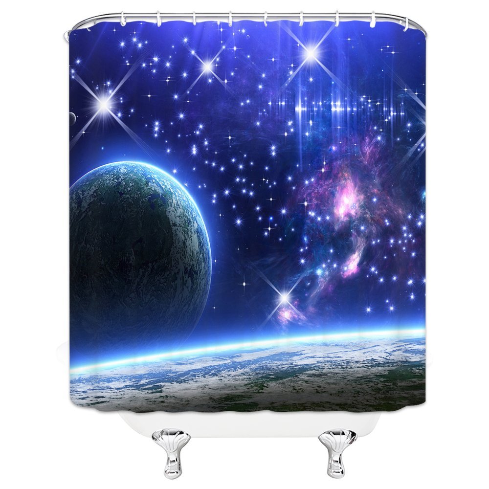 Blue Galaxy Shower Curtain - Starry Sky Space Design with Planets & Earth Print - Waterproof Bathroom Decor with Hooks 70x70 Inches - Perfect for Cosmic Themed Bathrooms & Kids' Space Rooms