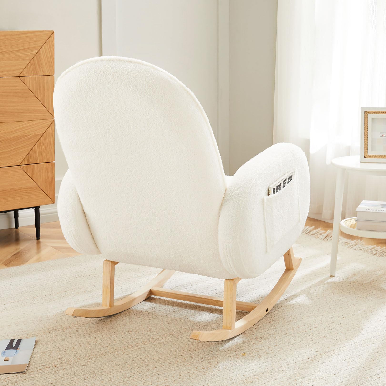 Comfortable Upholstered Rocking Chair with Side Pocket - Solid Rubber Wood Legs - Nursery Glider & Accent Chair for Living Room, Bedroom, Nursery - Perfect for Breastfeeding, Reading Nook & Relaxation