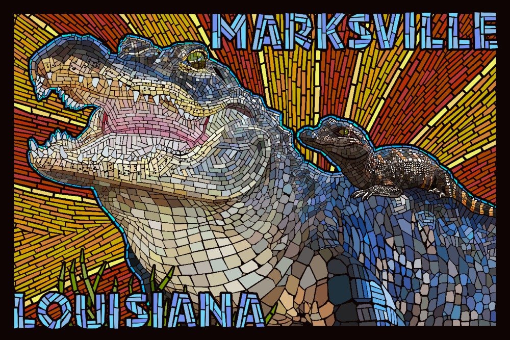 Authentic Marksville Louisiana Alligator Mosaic - 36x54 Inch Premium Giclee Art Print - Vintage Travel Poster Wall Decor for Home & Office - Perfect for Cajun Culture Enthusiasts & Southern Style Interiors