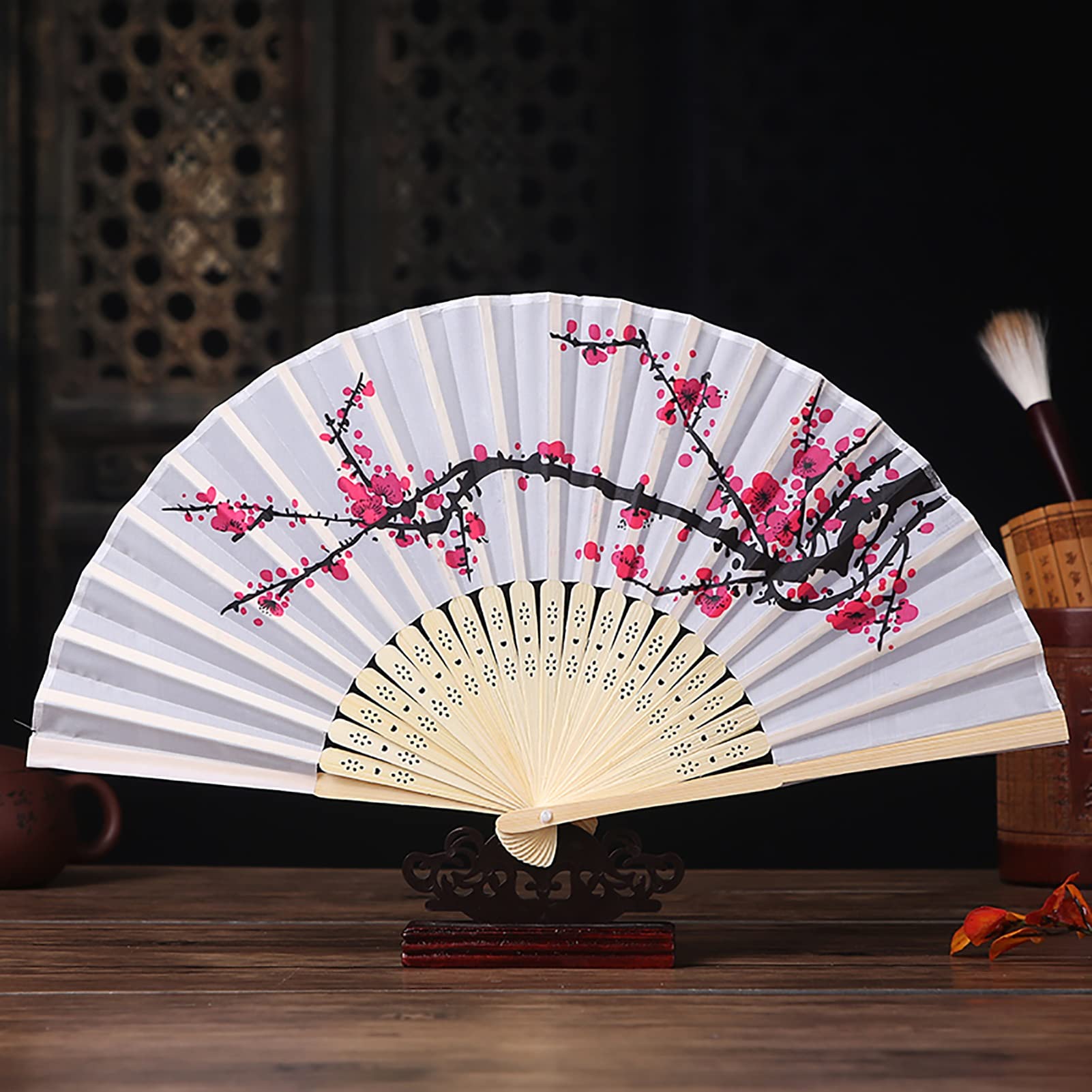 Chinese Style Folding Hand Fan - Beautiful Plum Blossom Printed Bamboo Handheld Fan with Tassel, 8.3 Inch Elegant Home Decor & Wedding Accessory | Perfect for Asian Weddings, Tea Ceremonies, Home Decoration and Summer Cooling
