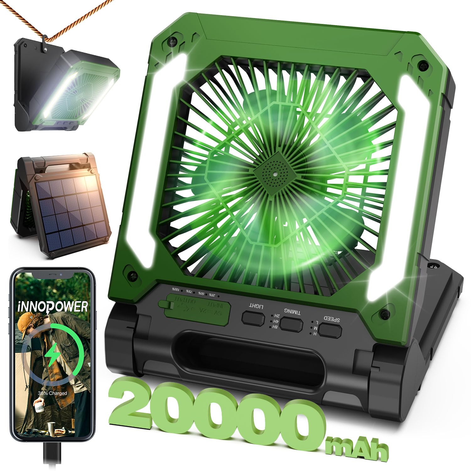 20000mAh Solar Powered Camping Fan with LED Lantern - Portable Rechargeable Fan with 3 Speed Settings, USB-C Charging, Timer & Hanging Hook - Ultra Quiet Battery Operated Fan for Outdoor, Tent, Hurricane, Worksite, Office & Home Use (Green)
