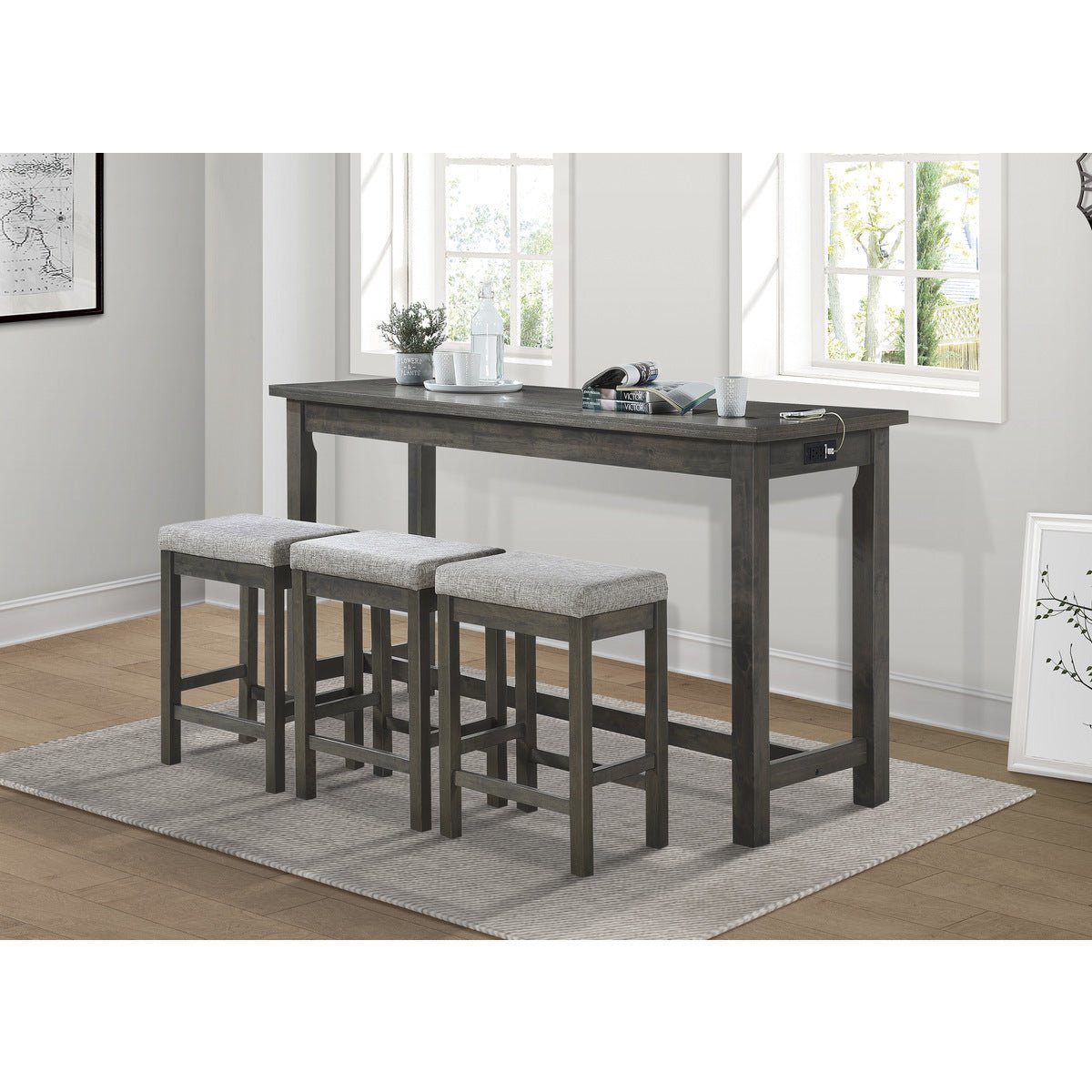 Modern Grey Counter Height Dining Table with Built-in USB Charging Ports - Perfect for Small Spaces, Kitchens, and Breakfast Nooks
