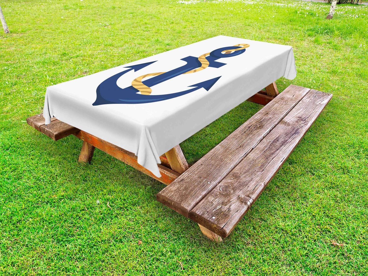 Ambesonne Nautical Anchor Outdoor Tablecloth - Cartoon Dark Sky Blue Design, Washable Picnic Table Cover 58