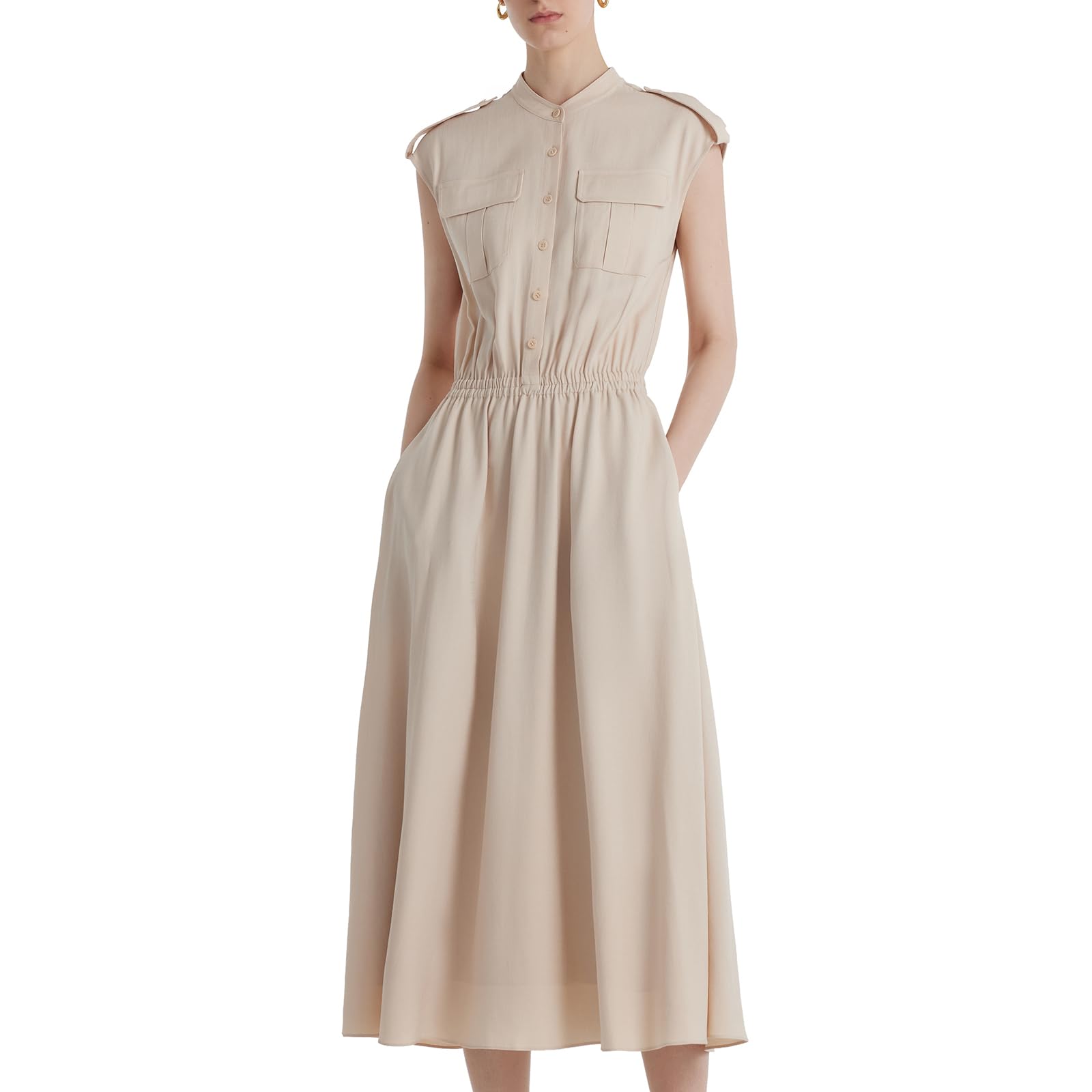 Women's V-Neck Short Sleeve Maxi Shirt Dress with Gathered Waist & Pockets - Flowy Casual Summer Dress for Beach, Office & Everyday Wear