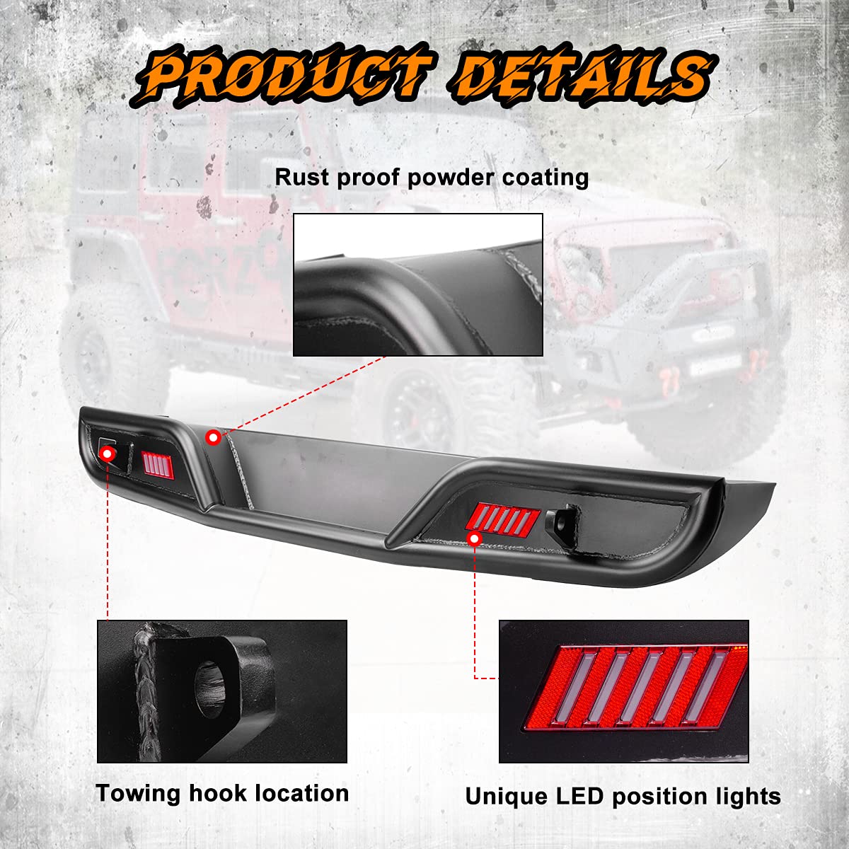 ROXX Full Width Rear Bumper for 2008-2017 Jeep Wrangler JK/JKU Unlimited - Heavy Duty Off-Road Bumper with 2 LED Position Lights & Hitch Receiver - Textured Black Rock Crawler Bumper - Perfect for Trail Riding, Overlanding & Off-Road Adventures