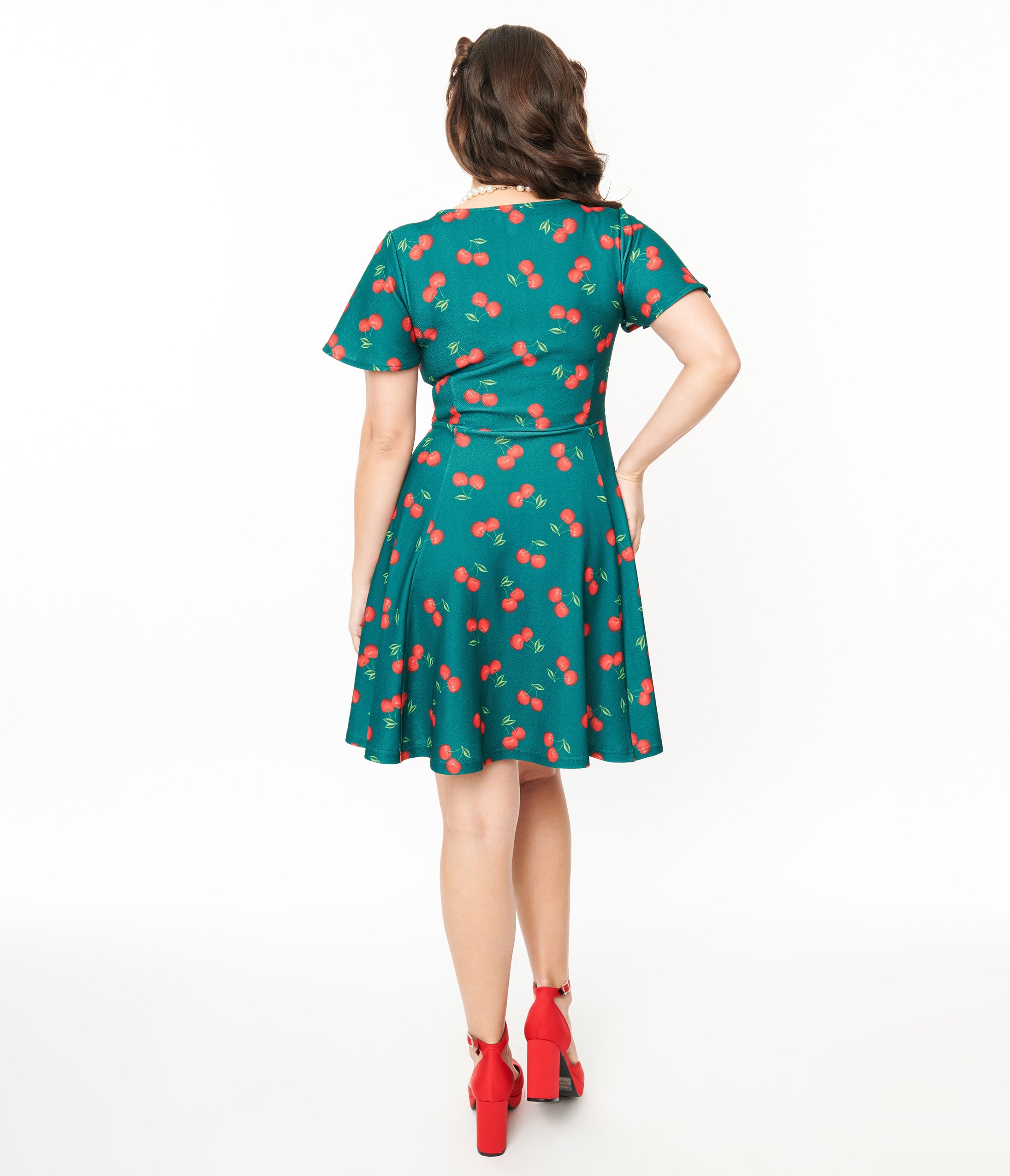 Vintage 1950s Emerald Green & Cherry Print Poppy Flare Dress - Retro Swing Dress for Women, Perfect for Cocktail Parties, Vintage Themed Events & Special Occasions