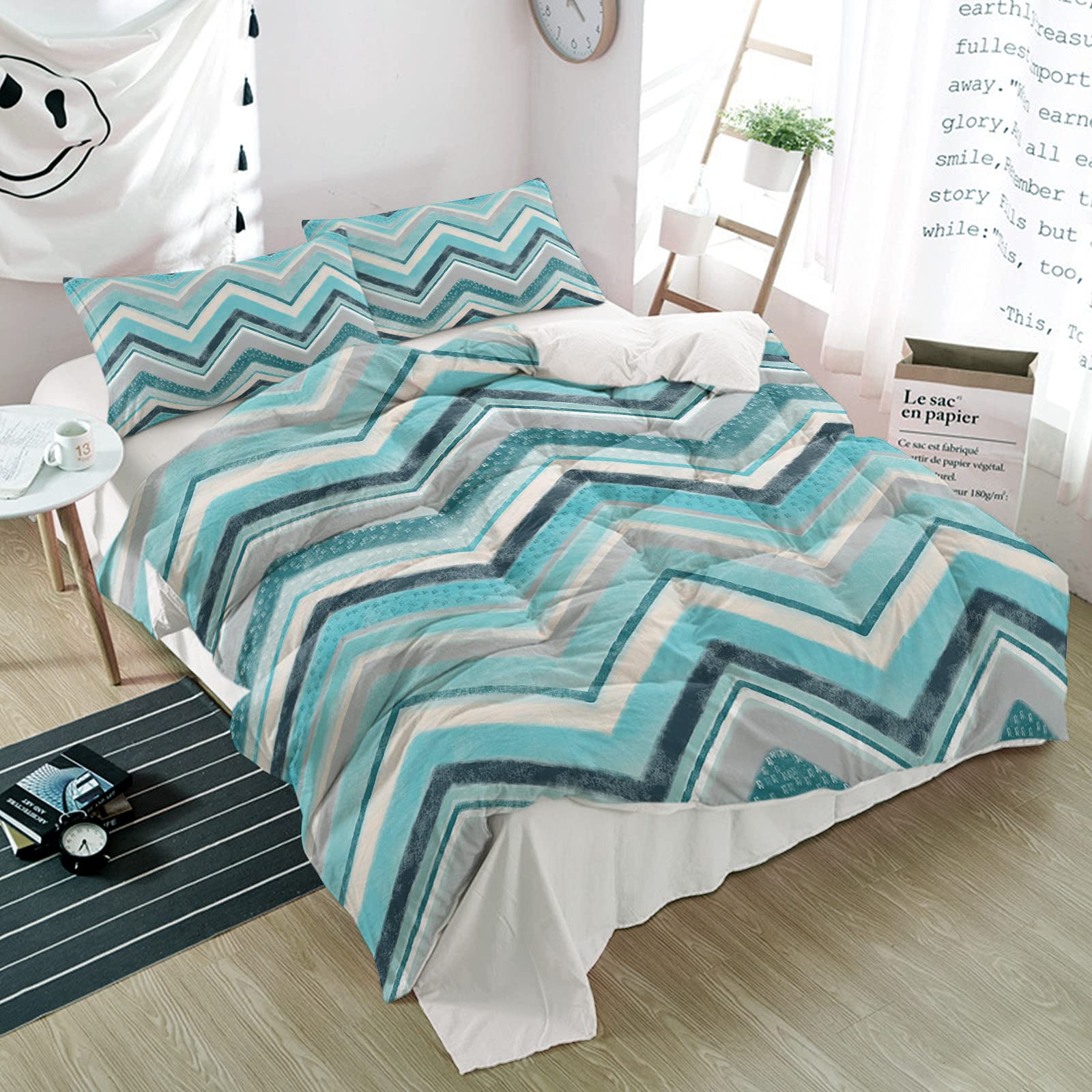 3-Piece Teal Stripe Abstract Geometric Duvet Cover Set - Ultra Soft Microfiber Bedding with Pillowcases | Nordic Style Color Block Watercolor Design | All-Season Comfort for Bedroom, Guest Room & Dorm