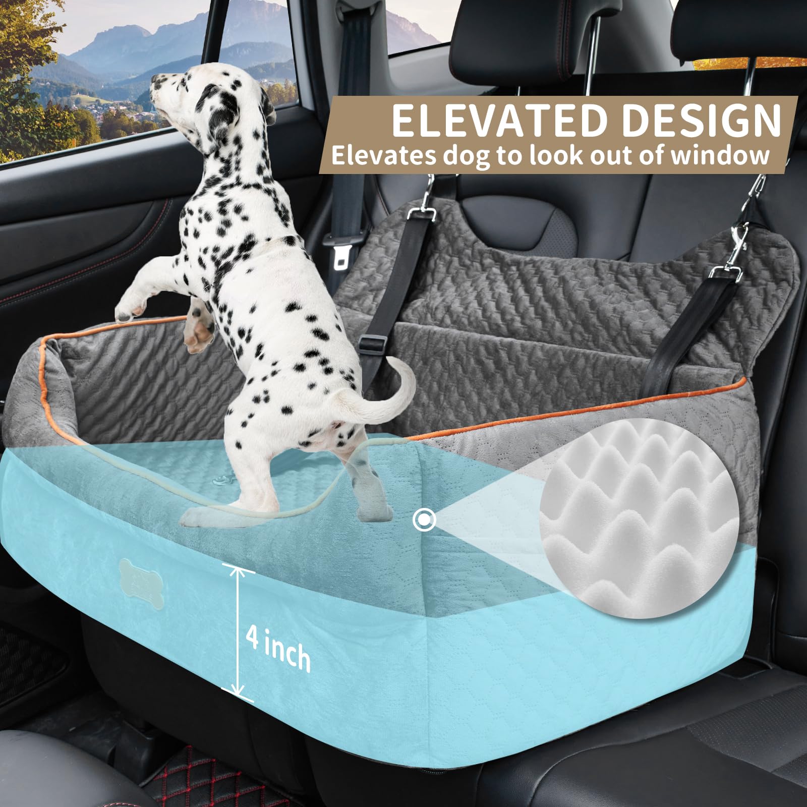 Premium Memory Foam Dog Car Booster Seat for Large & Medium Dogs (Up to 55Lbs) - Detachable Washable Travel Bed with Thick Cushion & Storage Pockets - Grey - Perfect for Road Trips, Vet Visits & Daily Commutes with Your Pet