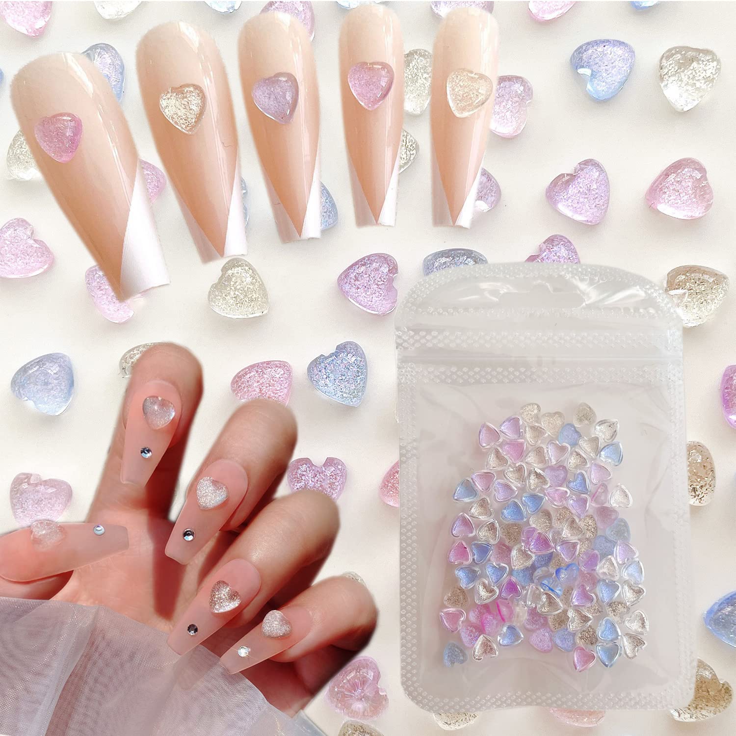 3D Heart Nail Charms 80PCS - Acrylic Rhinestone Nail Art Decorations, Shining Starry Design DIY Manicure Tips for Women Girls, Valentine's Day Bridal Party Nail Jewelry