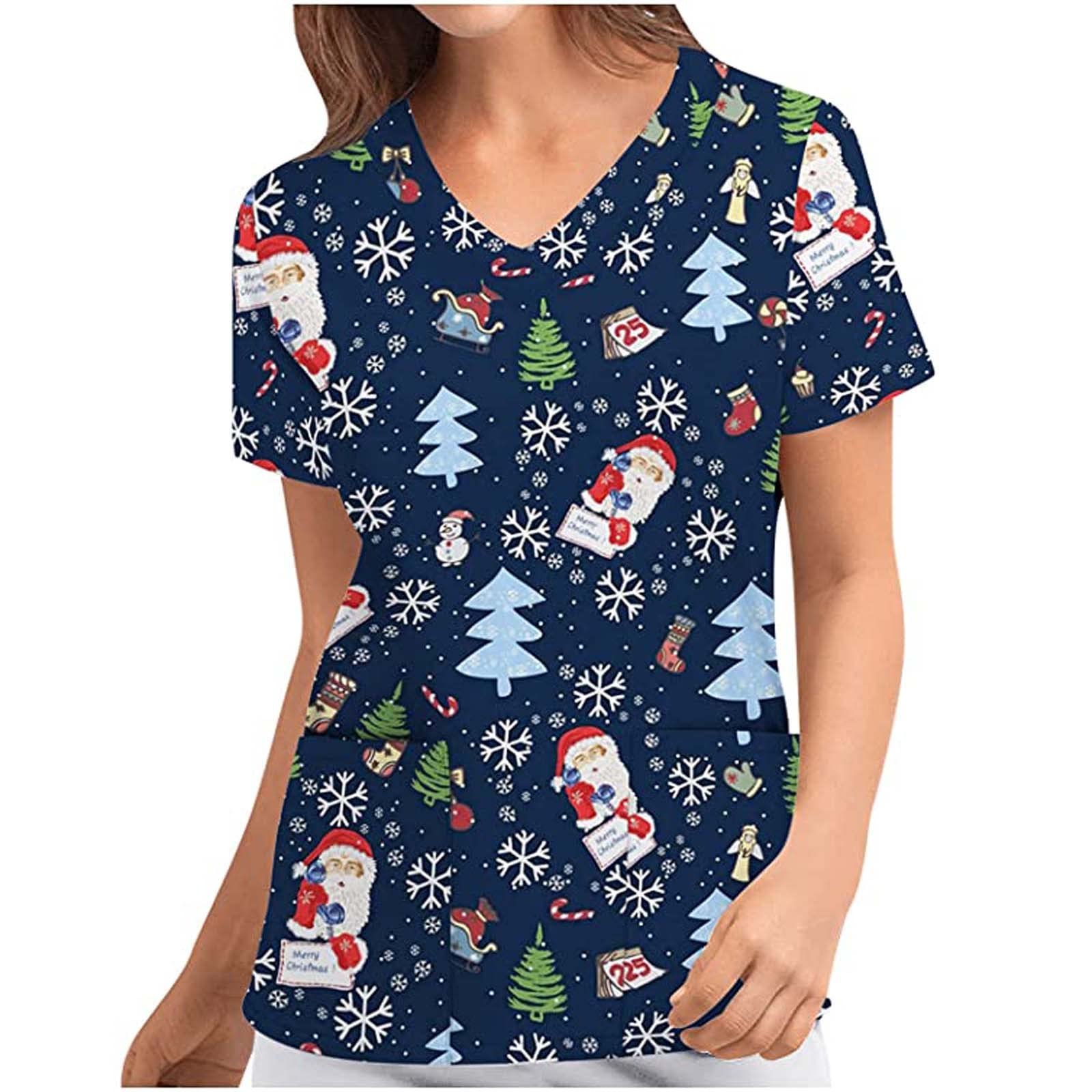 Women's Christmas Nursing Shirts - Short Sleeve V-Neck Graphic T-Shirts with Santa & Gnome Designs | Holiday Party, Family Gathering & Festive Outfit