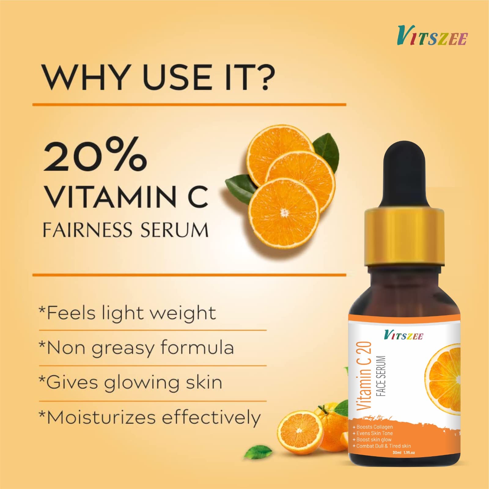 VITSZEE 20% Pure Vitamin C Serum for Face - Organic Brightening & Glowing Skin Treatment | Anti-Aging, Dark Spot Corrector, Daily Skincare Routine