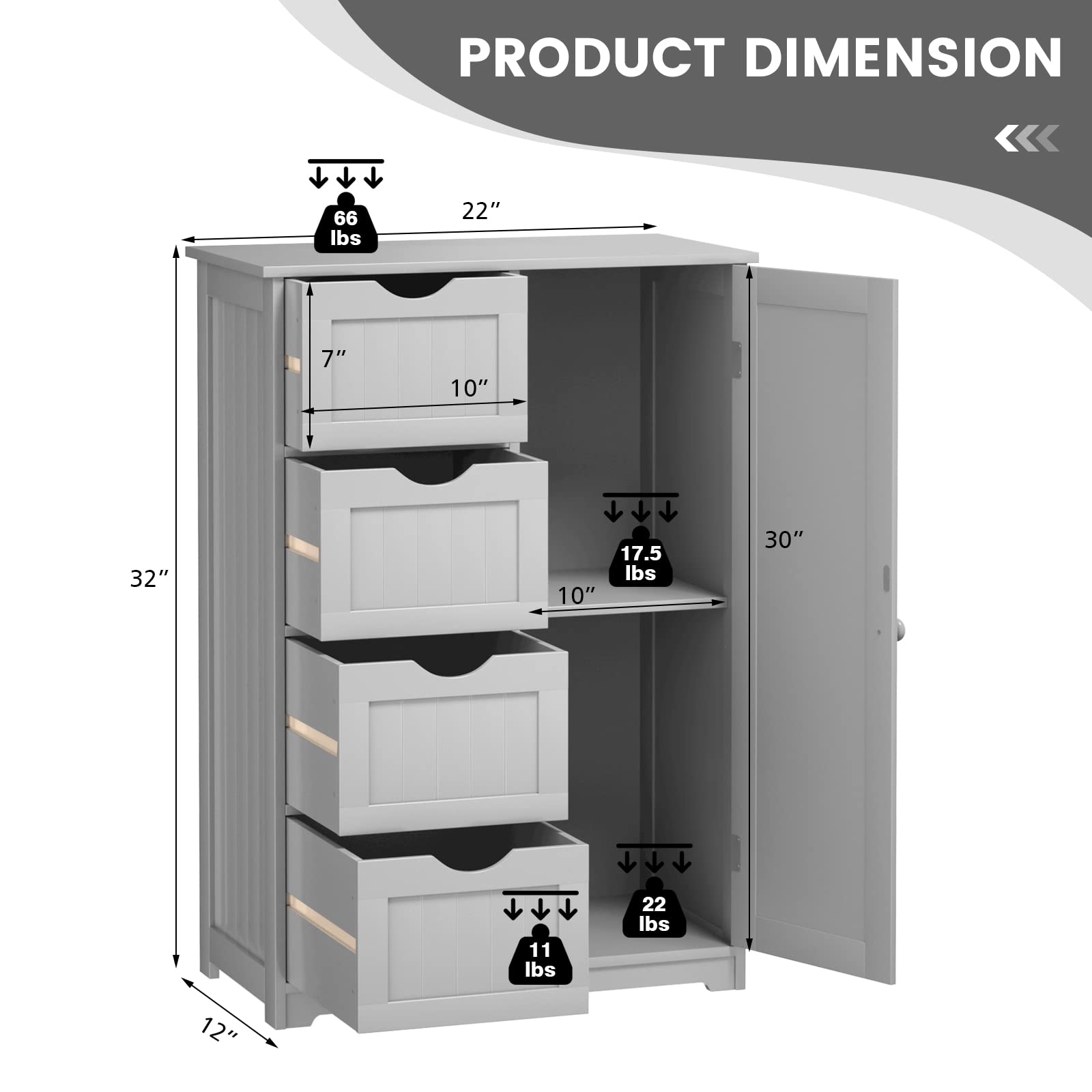 COSTWAY Wooden Bathroom Storage Cabinet - Freestanding 4-Drawer Organizer with Adjustable Shelf, Modern Floor Cabinet for Bathroom, Living Room, Kitchen & Entryway (Grey) | Perfect for Small Space Organization & Home Decor