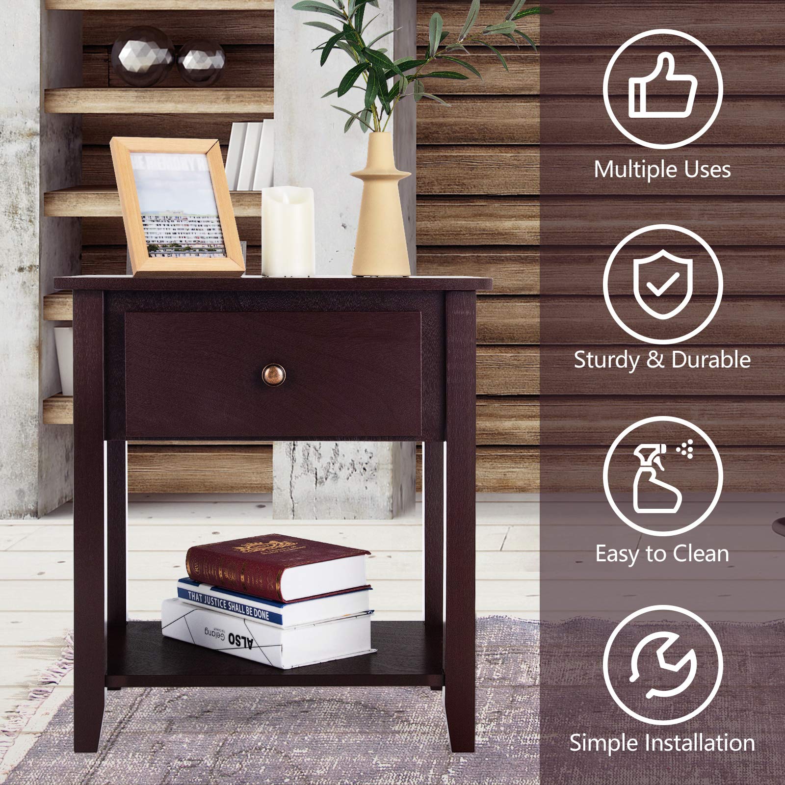 Modern Nightstand with Drawers & Shelf - Solid Pine Wood Bedside Table for Bedroom & Living Room - Espresso Finish