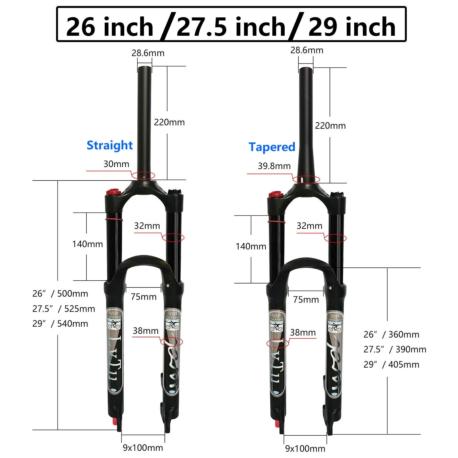 **Mountain Bike Air Fork 26/27.5/29 Inch - Aluminum Alloy 140mm Travel Suspension Fork with Adjustable Damping - Tapered Remote Lock Out (Black, 29