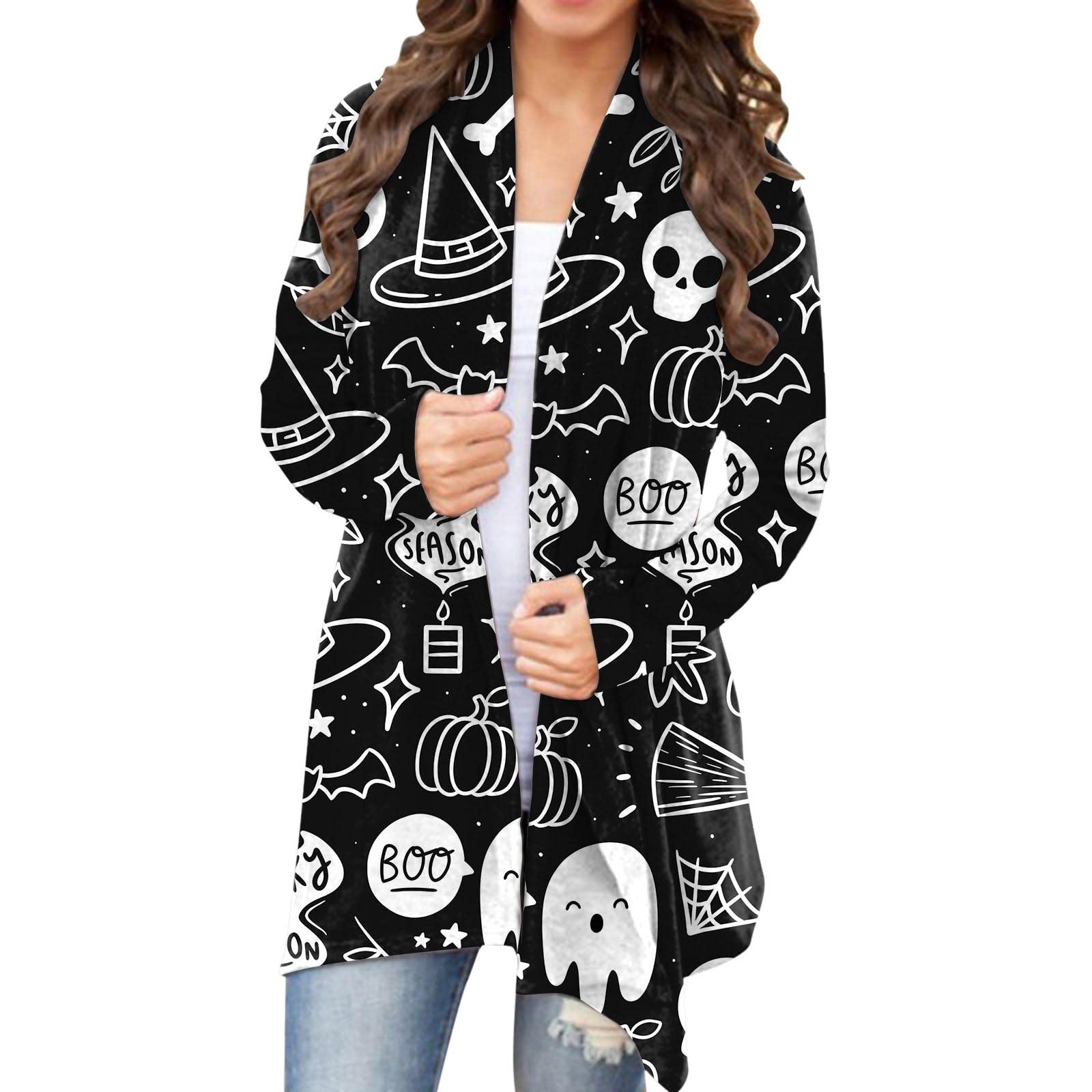 Women's Halloween Cardigan - Pumpkin Cat Print Long Sleeve Open Front Plus Size Sweater Coat | Cozy Fall Layering for Parties, Office & Casual Outfits