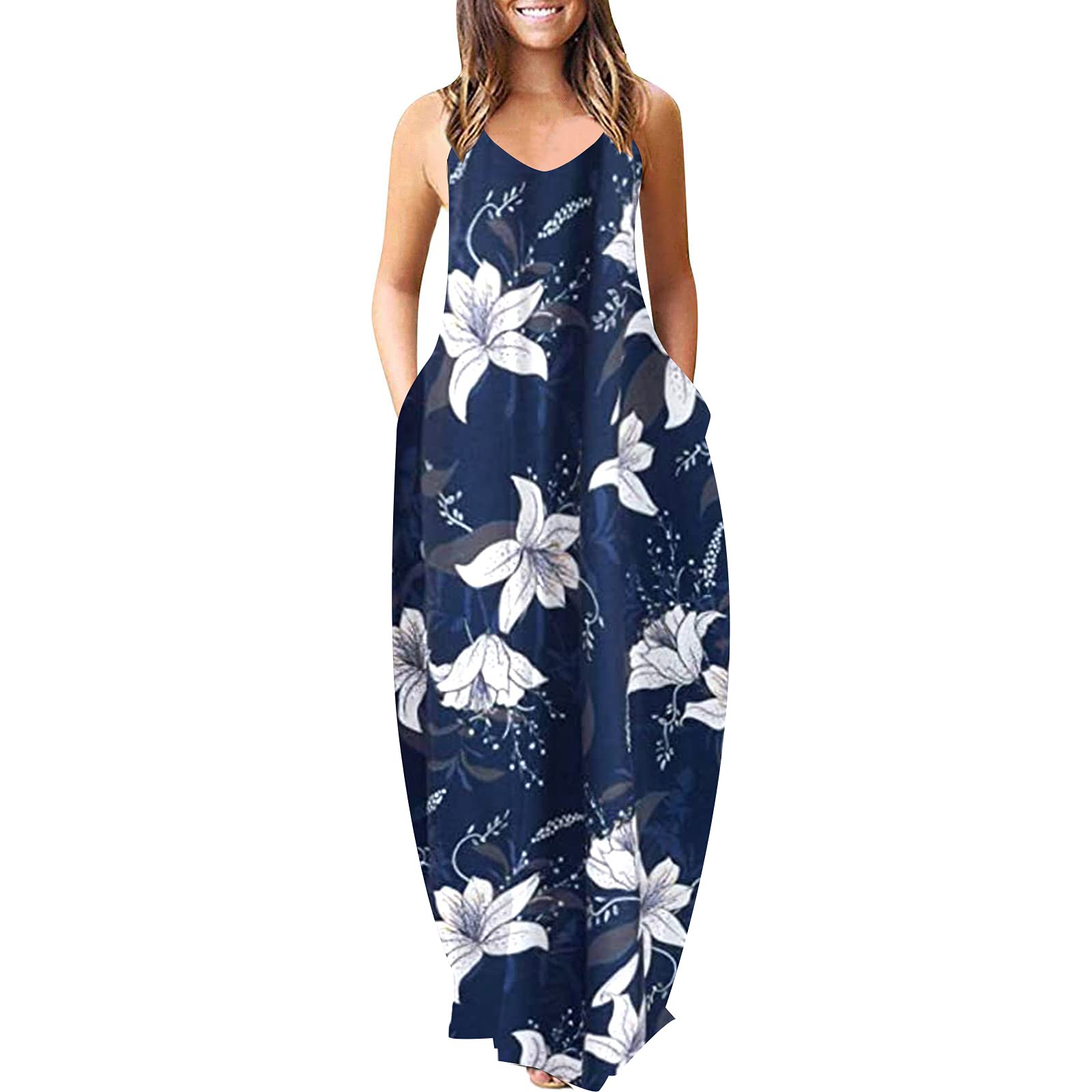 ZASUN Women's Sexy Maxi Dress with Pockets - Flowy Long Summer Beach Dress, Boho Printed Sundress for Casual Wear, Plus Size (Perfect for Vacations, Pool Parties & Date Nights)