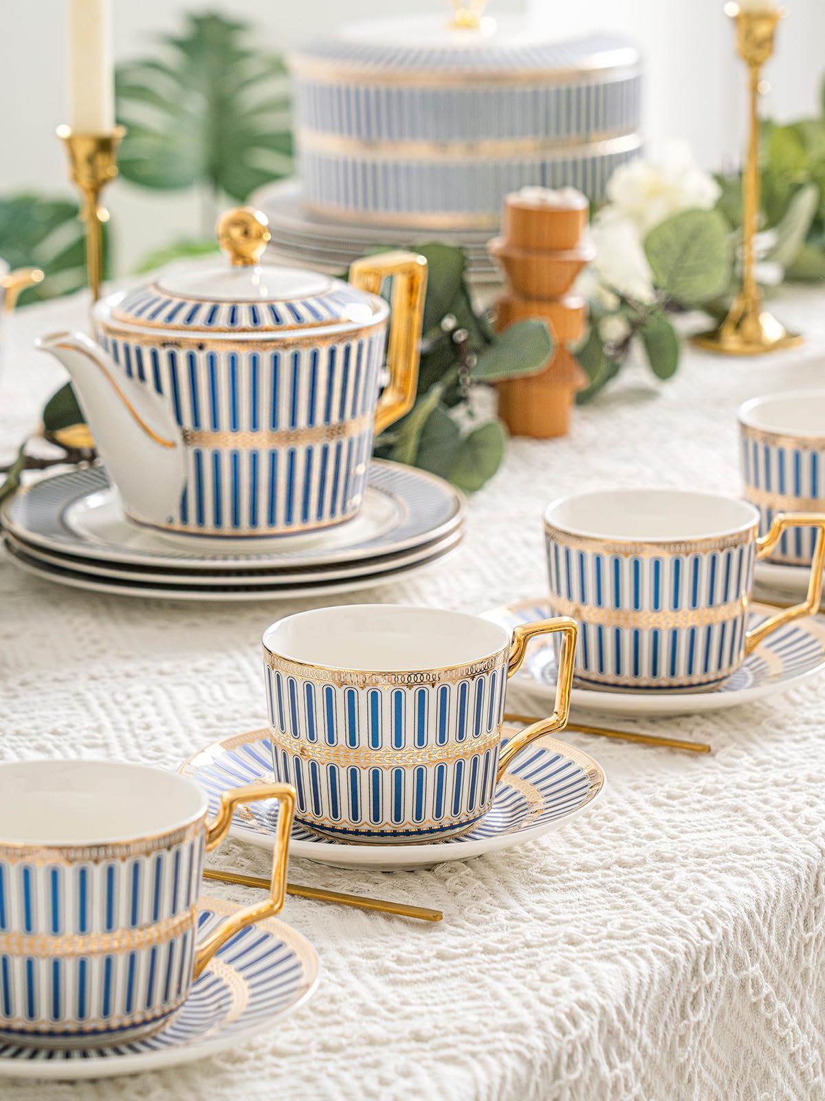 15-Piece Bone China Tea Set - Elegant Porcelain Tea Cups & Saucers for 4, Includes Teapot, Sugar Bowl, Cream Pitcher & Spoon - Perfect for Afternoon Tea Parties, Bridal Showers & Housewarming Gifts (Gift Box Included)