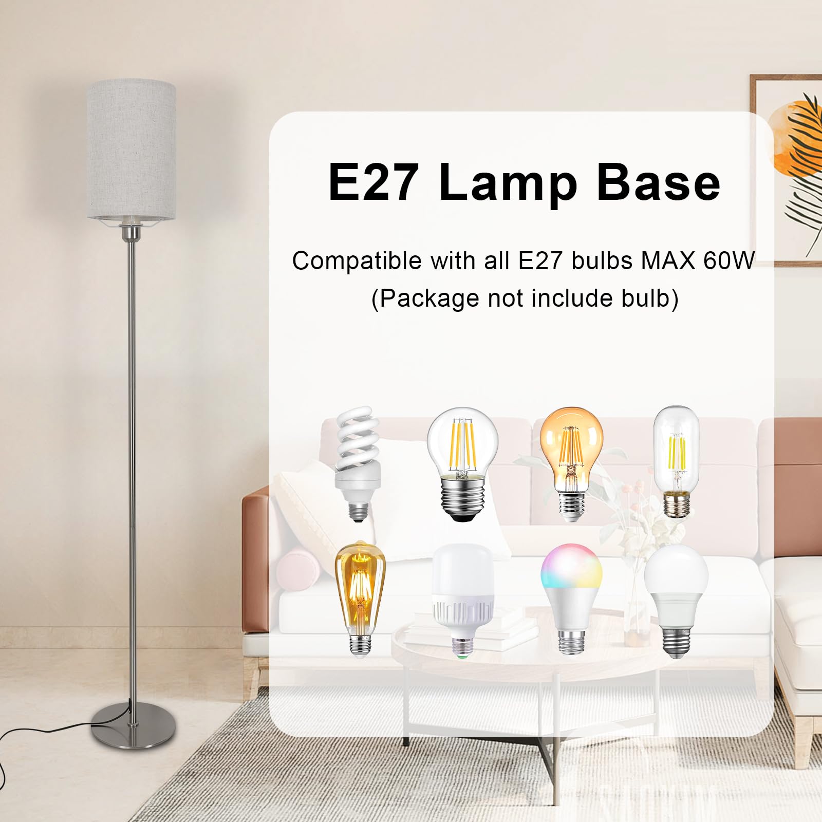 Osairous Modern Floor Lamp with Linen Lampshade - E27 Bulb Compatible Standing Light for Living Room, Bedroom & Office - Perfect for Reading Nook, Home Decor and Workspace Lighting