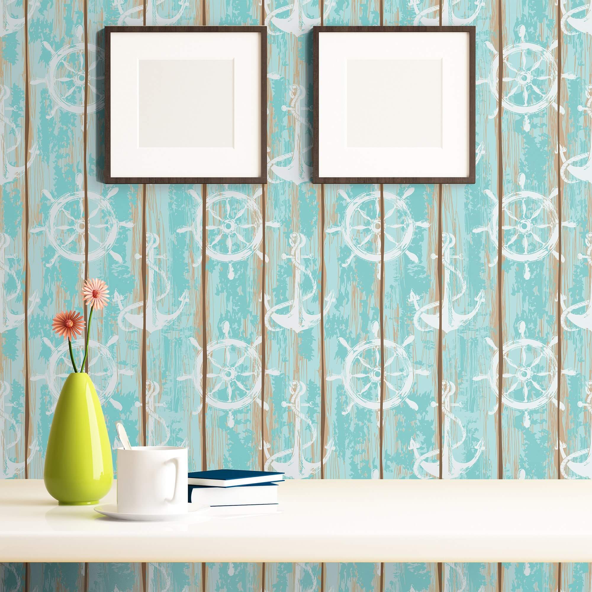 Brown and Teal Faux Nautical Peel and Stick Removable Wallpaper 8829 - Self-Adhesive Decorative Wall Covering for Bedroom, Bathroom, Nursery & Home Office
