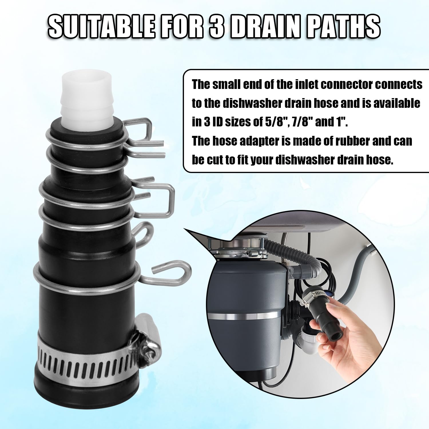 **Dishwasher Drain Hose Adapter - Compatible with Insinkerator Garbage Disposals, Universal Drain Hose Connector Kit (1 Inlet Connector, 1 Hose Clamp, 3 Spring Clamps) - Perfect for Kitchen Sink & Dishwasher Installation**