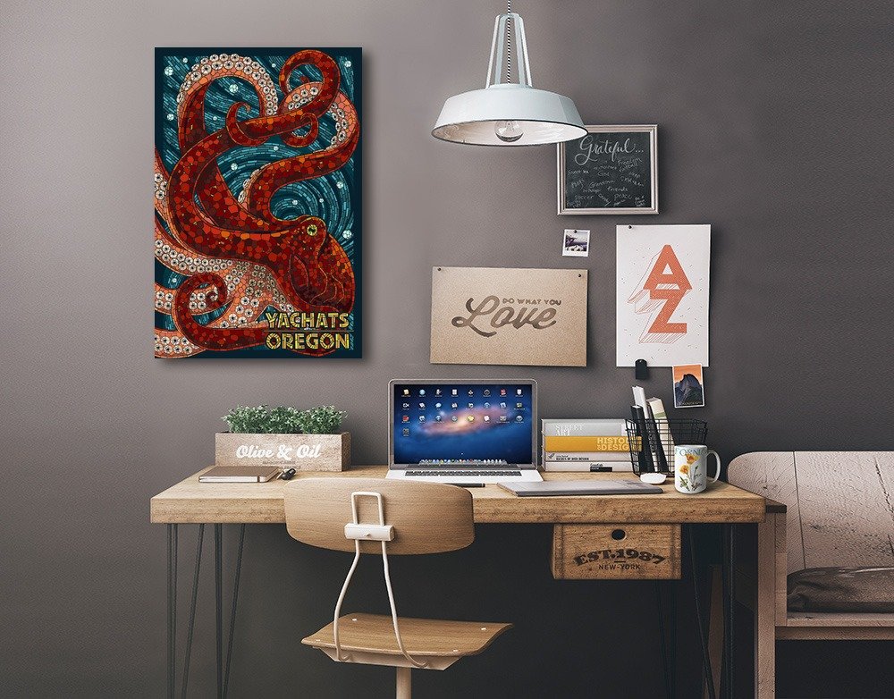 Lantern Press Yachats Oregon Octopus Mosaic Wall Art - 16x24 Wrapped Canvas Print for Coastal Home Decor, Beach House Living Room & Office Wall Decor