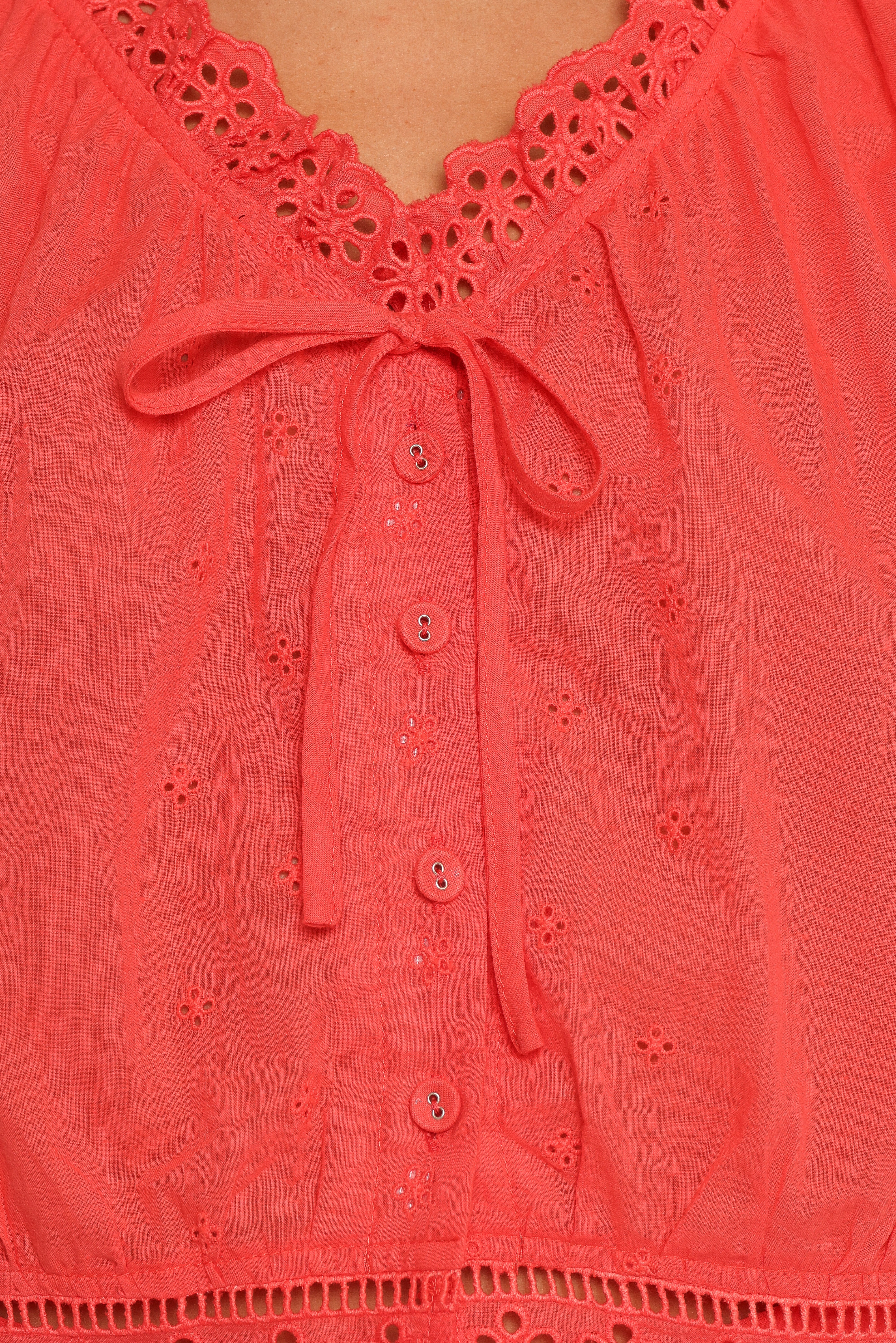 Isolde Lace Trim Top Women's Blouse - Coral Floral Embroidered Summer T-Shirt for Casual Wear, Date Night & Beach Outfits