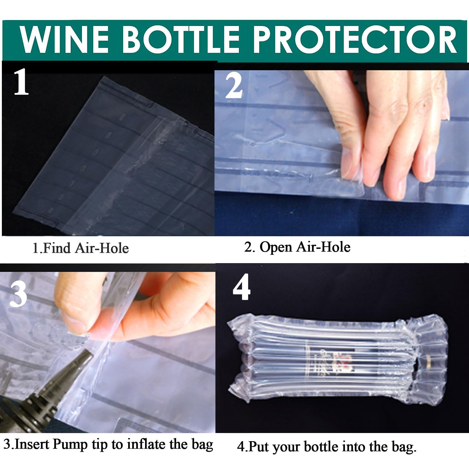 10 Pack Wine Bottle Protector Bags - Bubble Cushion Wrap for Airplane Travel & Safe Shipping | Reusable Pump Included | Perfect for Transporting Glass Bottles in Luggage or Moving Boxes | Ideal for Wine Lovers, Gifts & Home Storage