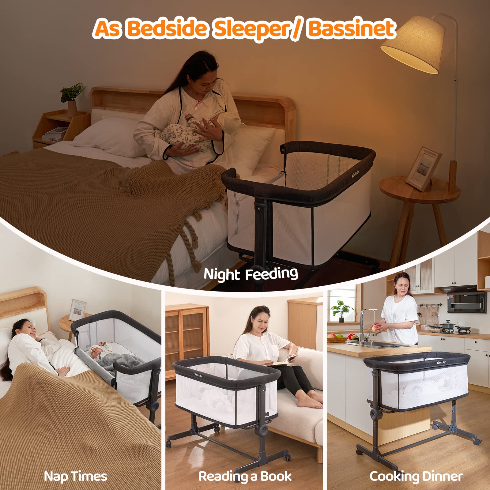 Ezebaby Portable Baby Bassinet Bedside Sleeper - Adjustable 7 Height Levels, Breathable Mesh Sides with Included Mattress & Sheet - Perfect for Newborns & Infants - Ideal for Nursery, Bedroom Co-Sleeping and Travel Use