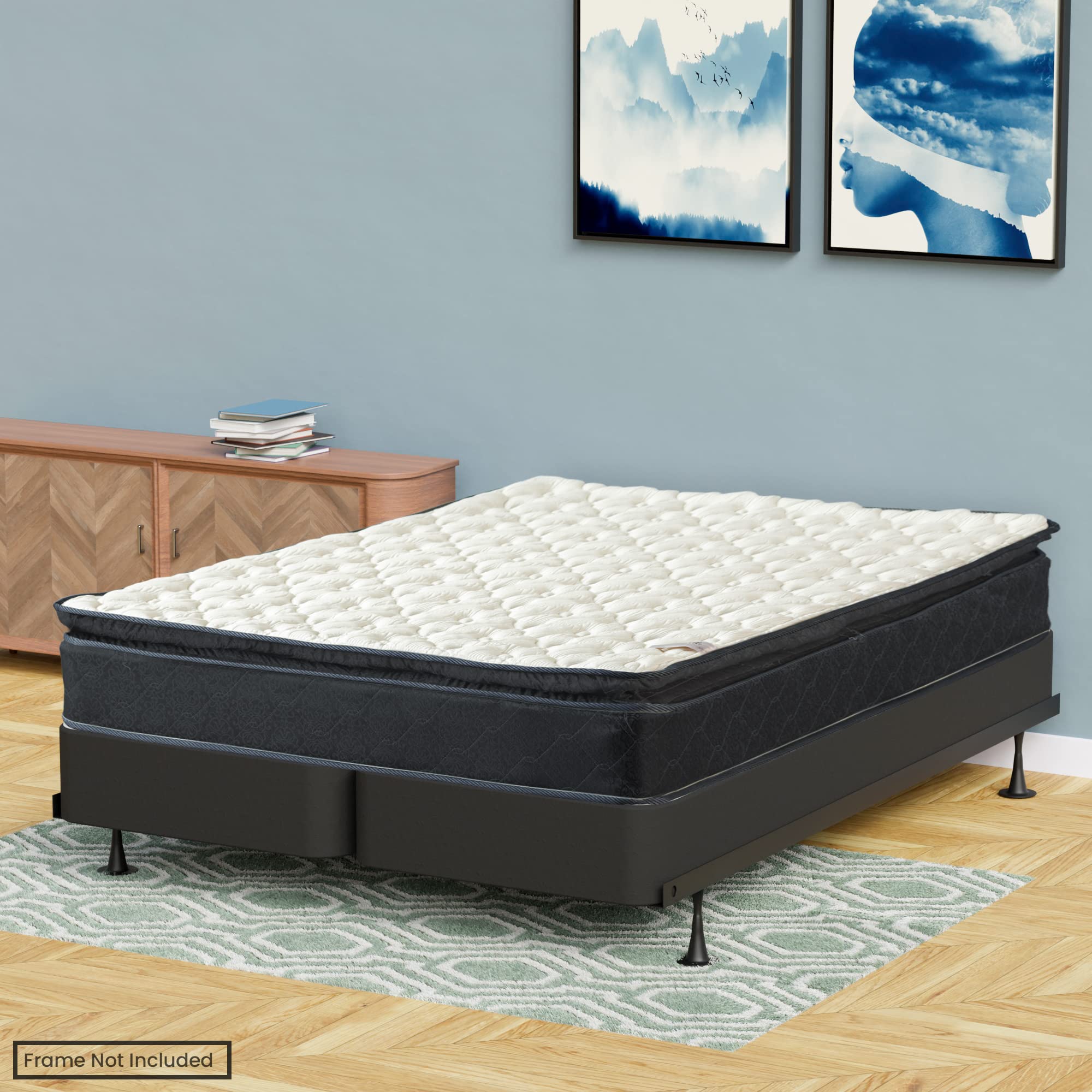 Treaton 9 Inch Full Hybrid Mattress - Medium Firm with Pocket Springs for Pressure Relief, Pillow Top, Includes 8” Wood Box Spring (Black) - Perfect for Back Pain Relief & Comfortable Sleep in Bedrooms, Guest Rooms, or Dormitories