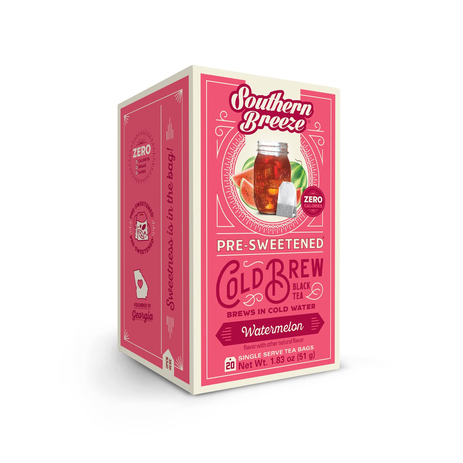 Southern Breeze Cold Brew Sweet Tea - Watermelon Flavor Iced Tea with Black Tea, Zero Carbs & Sugar Free, 20 Individually Wrapped Tea Bags | Refreshing Summer Drink for Backyard BBQs, Pool Parties & Picnics