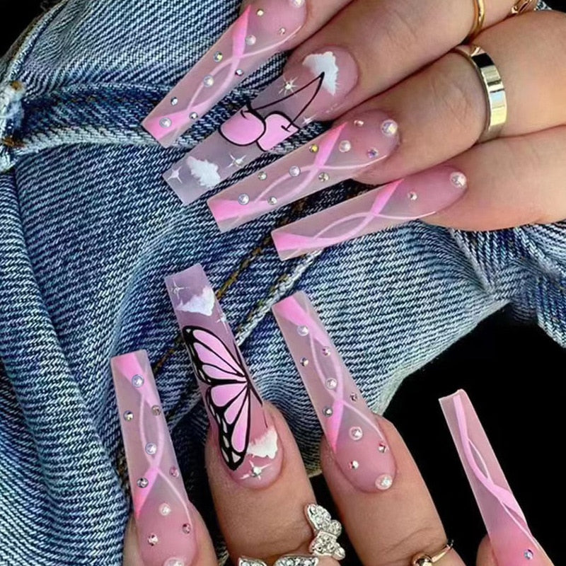 24Pcs Heart Design Press on Fake Nails with Glue - Long Artificial False Nails for Women, Detachable Nail Tips for Parties, Weddings & Special Occasions