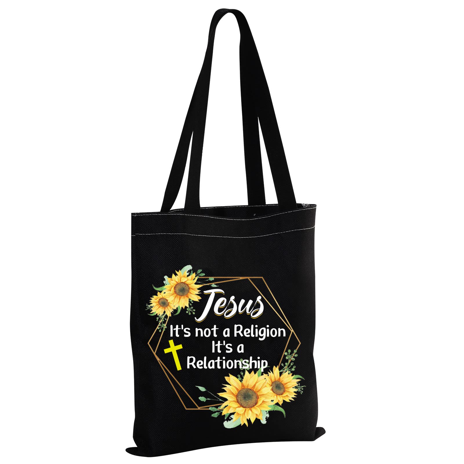 Jesus Tote Bag - 'It's Not a Religion It's a Relationship' Christian Shoulder Bag with Sunflower Design - Religious Gifts for Women & Church Goers - Perfect for Bible Study, Sunday Service & Daily Use