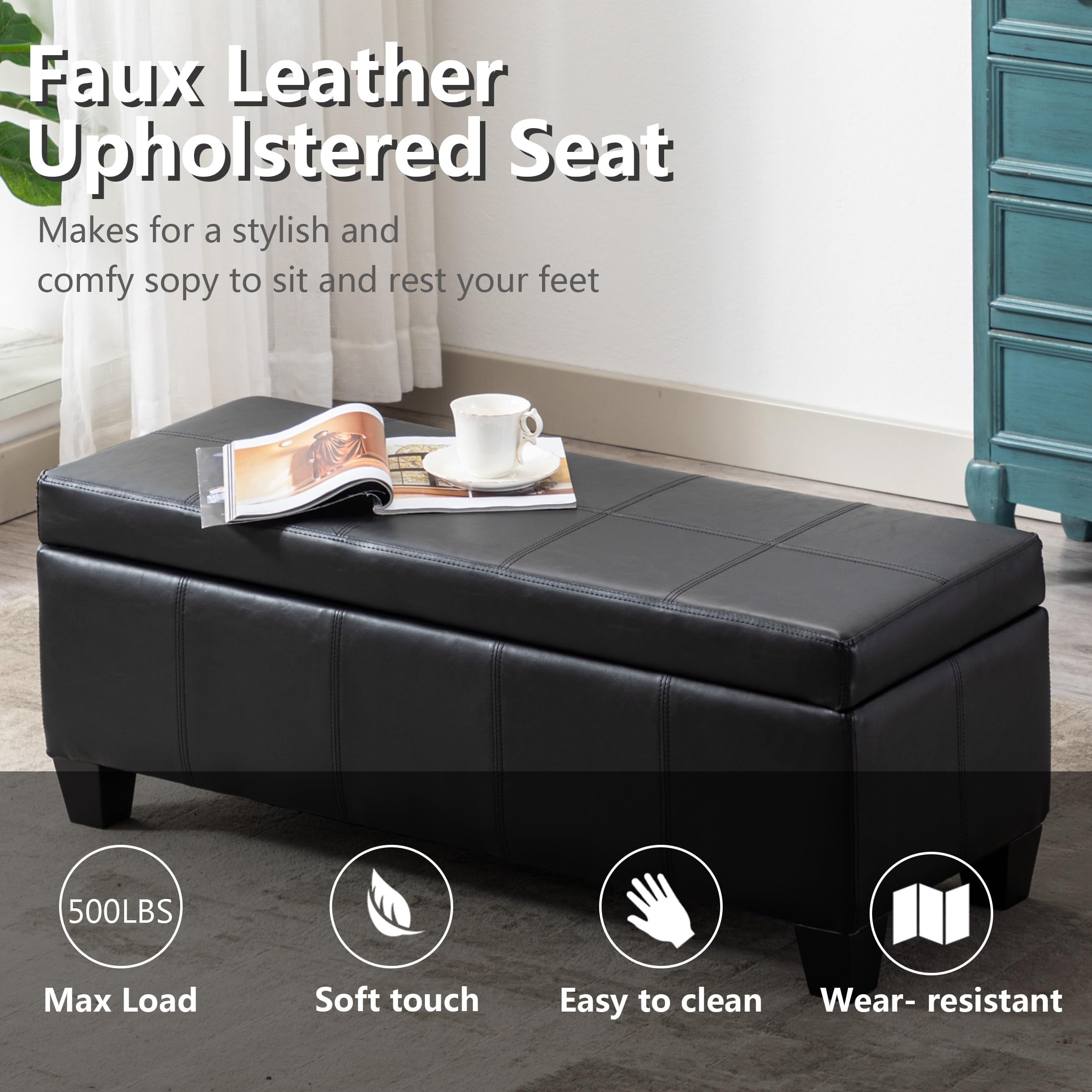 Black Faux Leather Storage Ottoman Bench - Extra Long Rectangular Footrest with Hidden Storage | Perfect for Bedroom, Living Room & Entryway Seating & Organization
