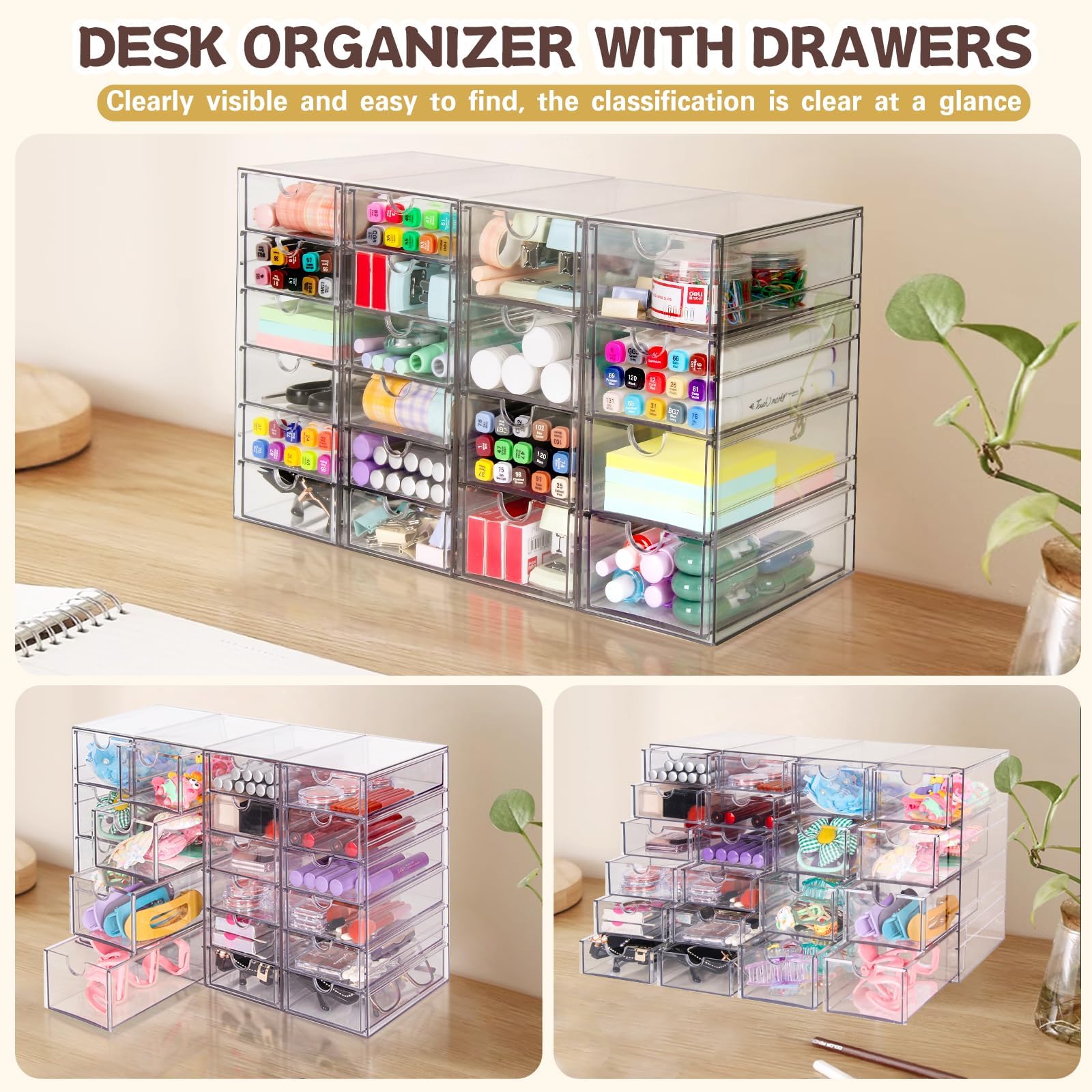 20-Drawer Acrylic Organizer Set - 4-Tier Clear Desk Storage for Makeup, Office Supplies, Art & Craft Organization | Perfect for Vanity, Workstation & Craft Room Organization