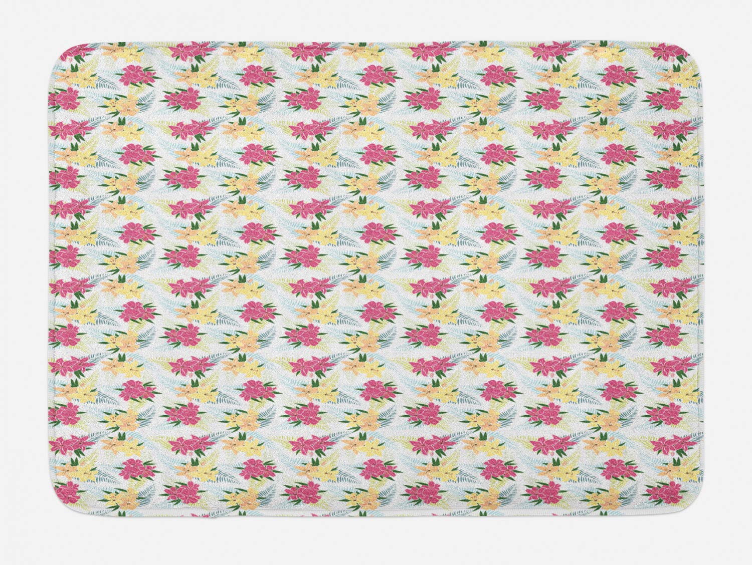 Ambesonne Floral Bath Mat - Non-Slip Plush Bathroom Rug with Lily Garden Design in Pale Yellow, Peach, Pink & Green, 29.5