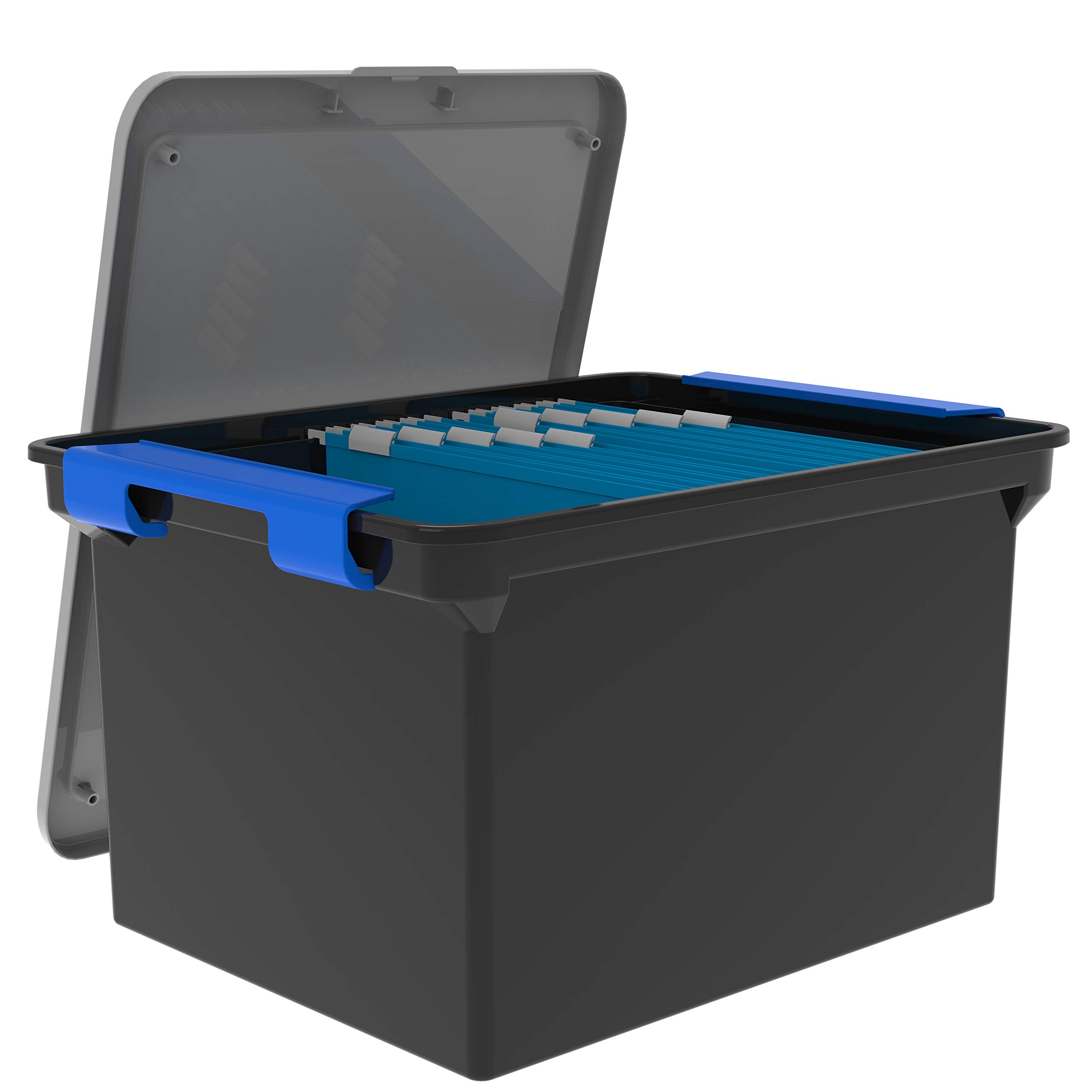 Storex Storage File Tote with Locking Handles - 4-Pack Black/Silver File Organizer for Office, School & Home - Secure Document Storage Box with Durable Handles (61543A04C)